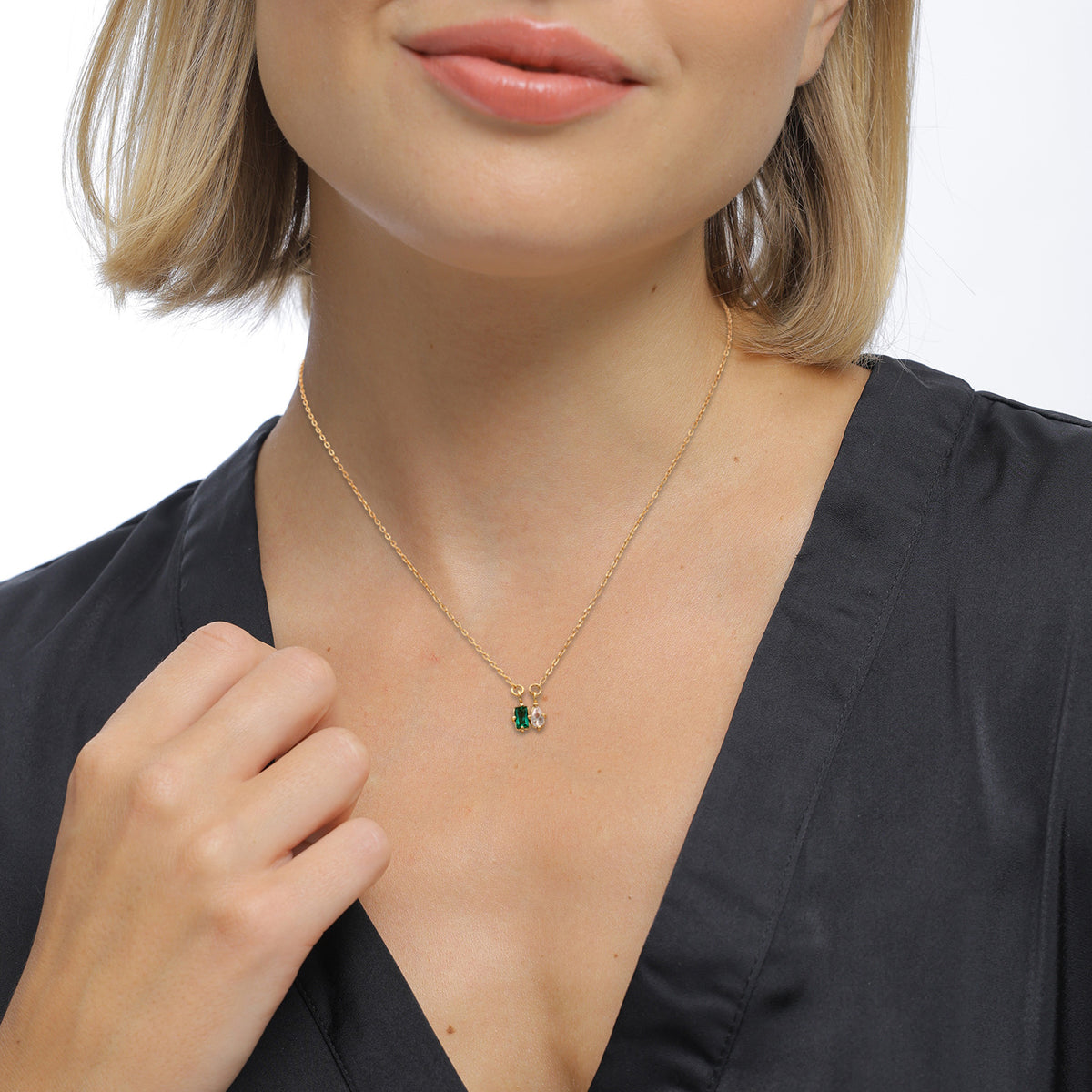 Gold - Elli PREMIUM | Twin Stone Necklace 925 Silver Gold Plated Green Synthetic Emerald White Zirconia