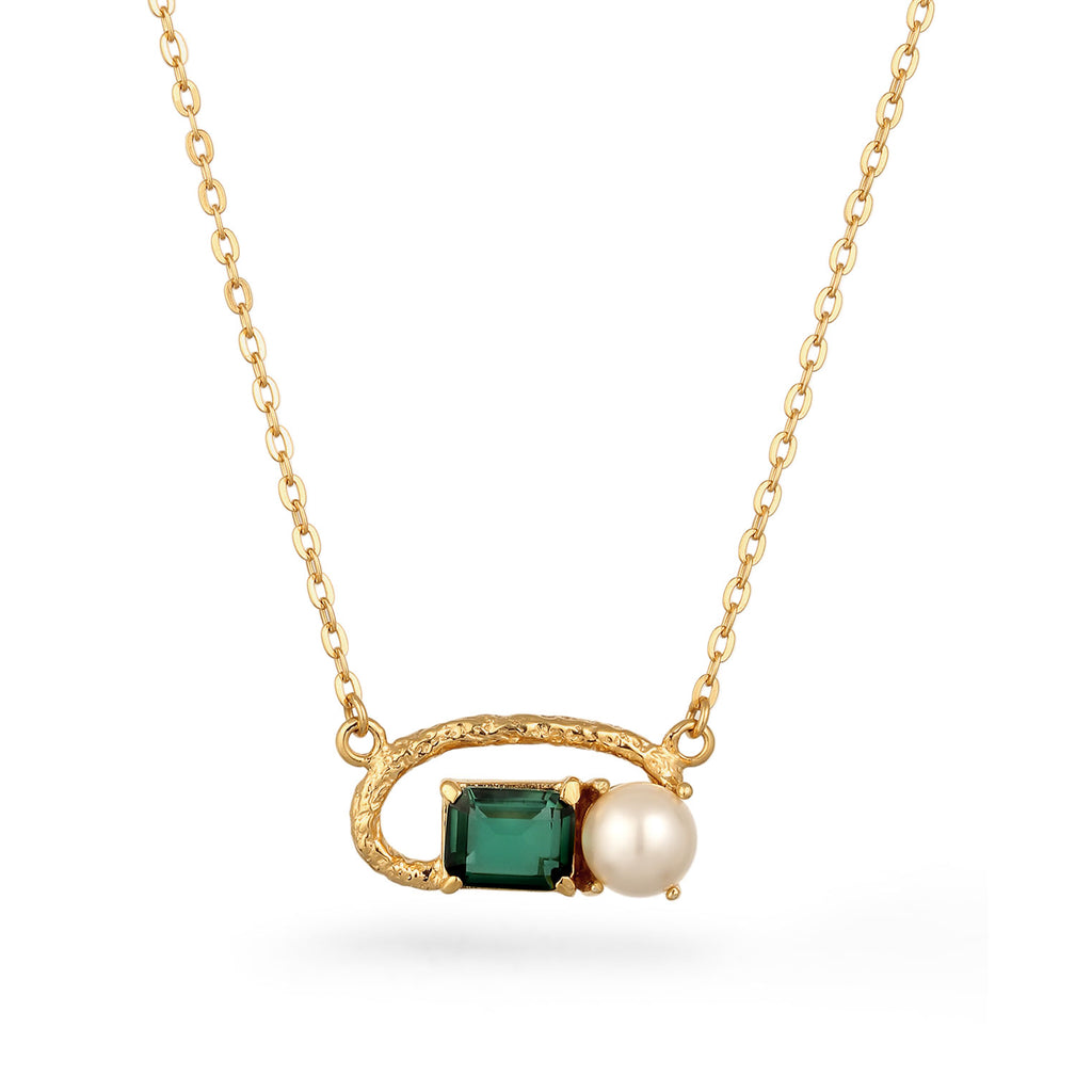 Gold Perhiasan Wanita Perak Asli Lapis Emas Kalung Circle Quartz and Synthetic Pearl