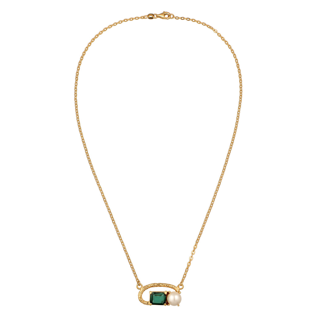 Gold Perhiasan Wanita Perak Asli Lapis Emas Kalung Circle Quartz and Synthetic Pearl