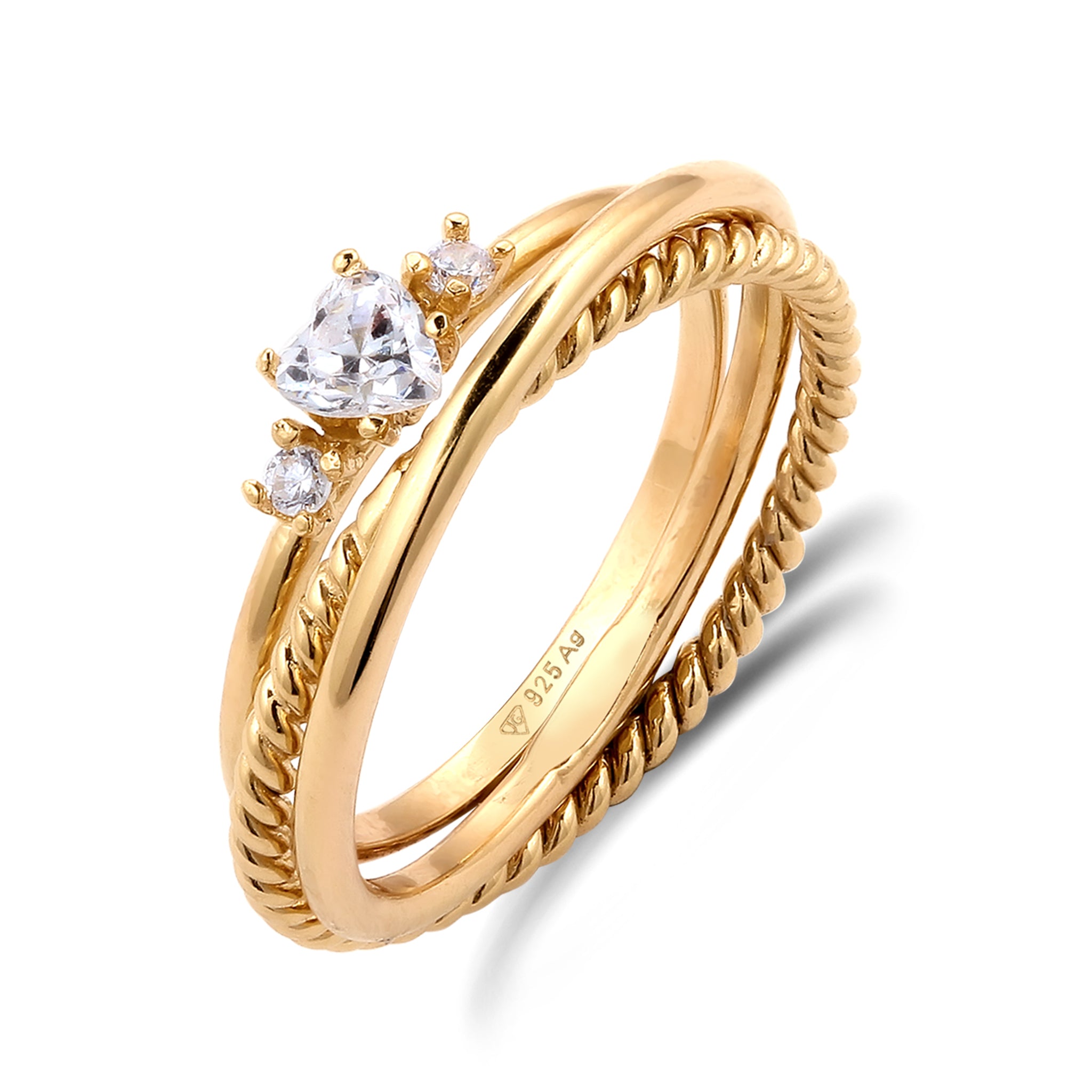 Gold Perhiasan Wanita Perak Asli Lapis Emas Cincin Heart Zirconia