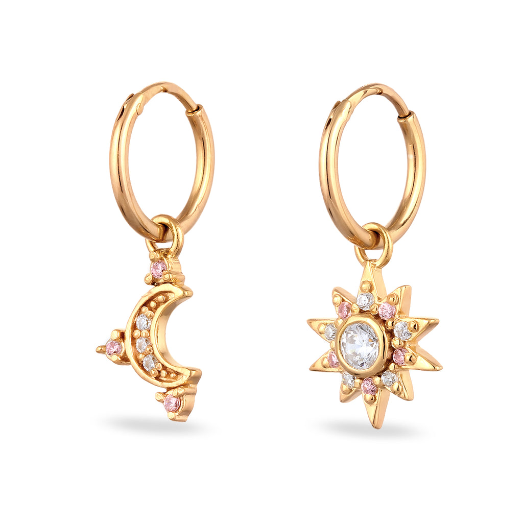 Gold Perhiasan Wanita Perak Asli Lapis Emas Anting Sun Moon Zirconia