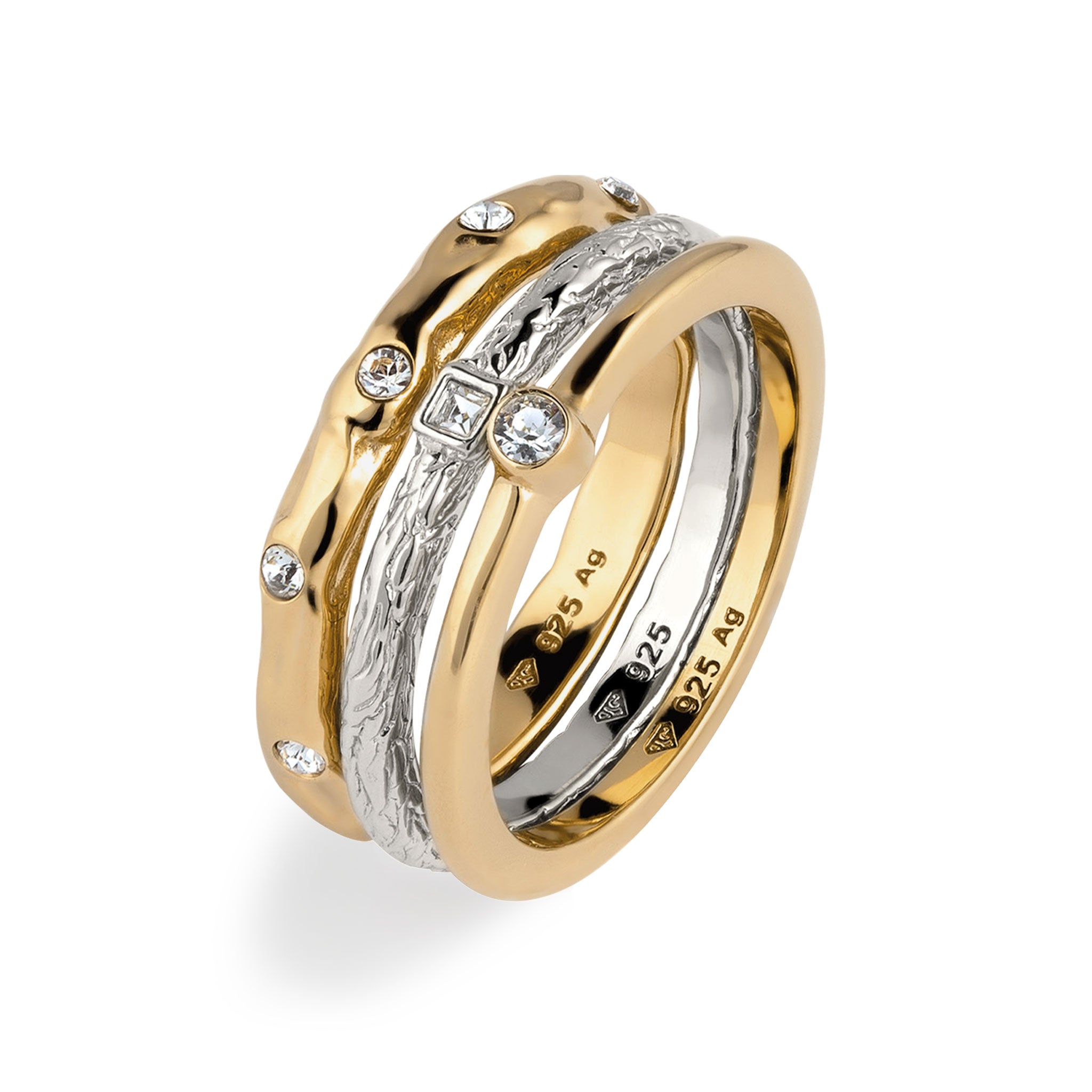 Bicolor Perhiasan Wanita Perak Asli Lapis Emas Cincin 3 Set Crystals Bicolor