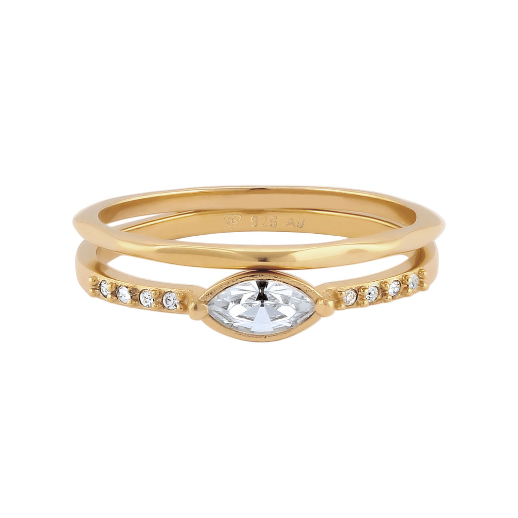 Ring Set Square Crystals White 925 Sterling Silver Gold Plated