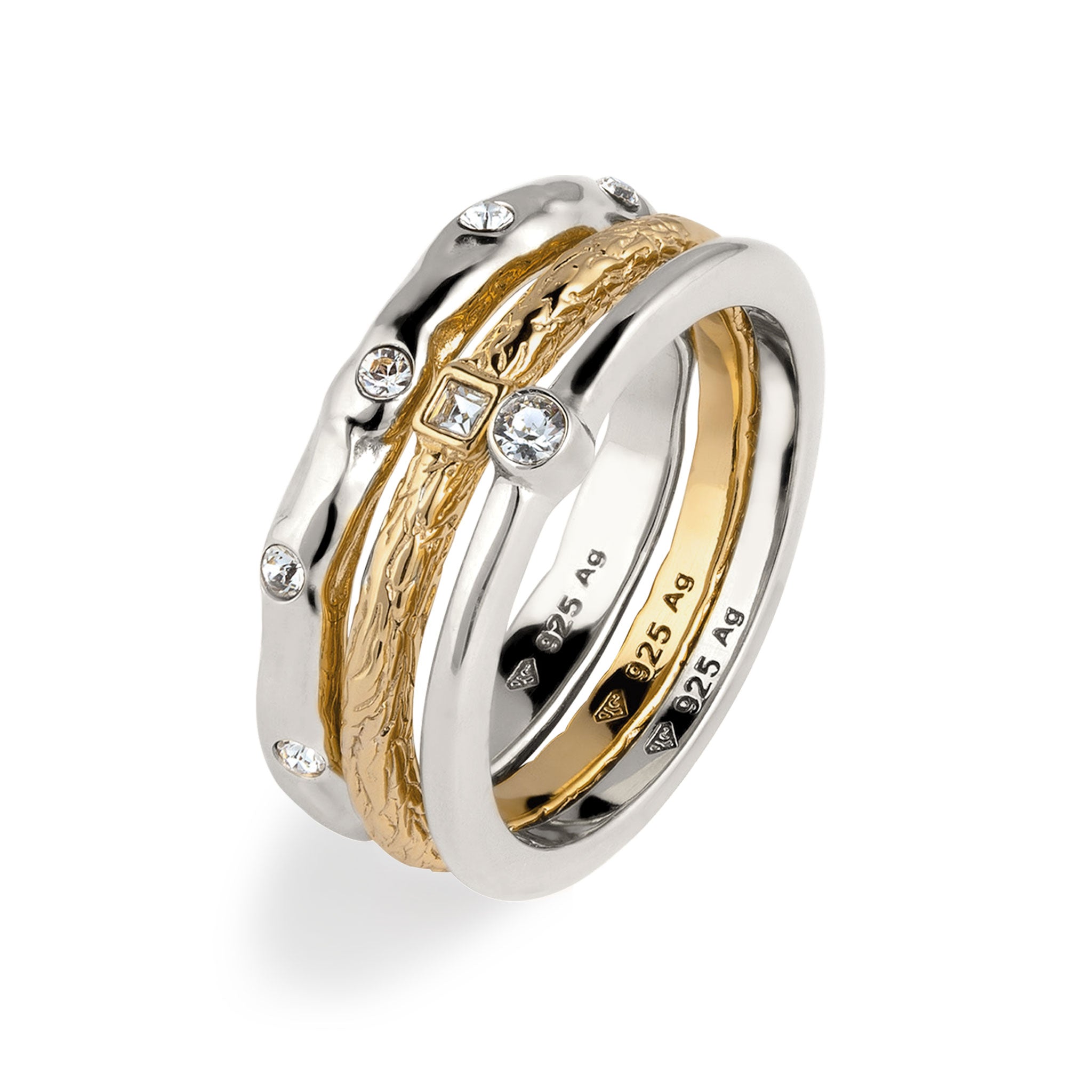 Colored Perhiasan Wanita Perak Asli Lapis Emas Cincin 3 Set Crystals Bicolor