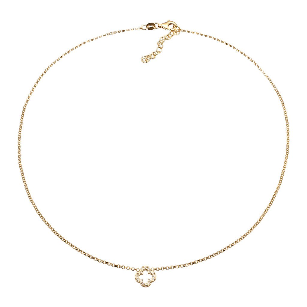 Gold Perhiasan Wanita Perak Asli Lapis Emas Kalung Choker Cloverleaf Zirconia