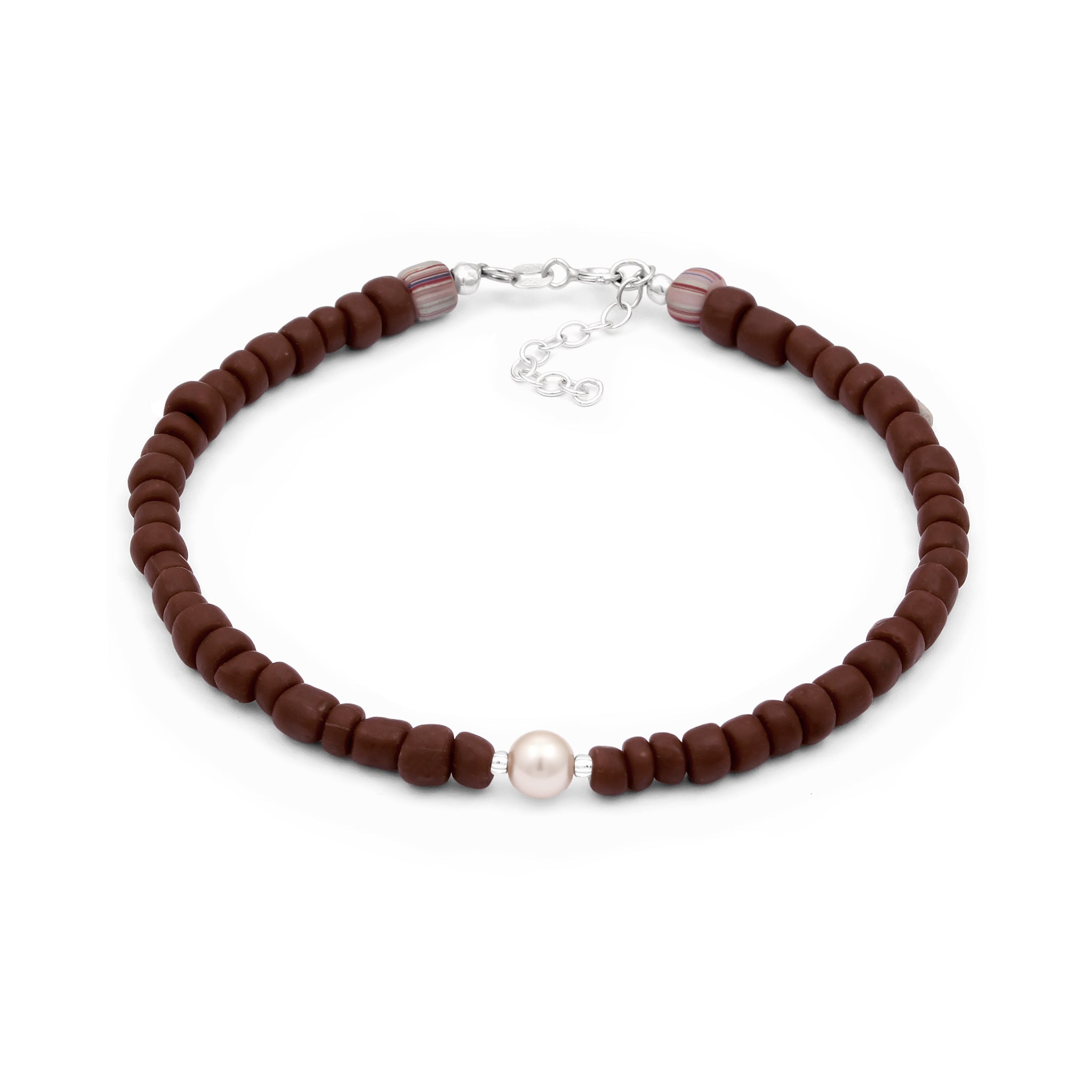 Silver Perhiasan Wanita Perak Asli Gelang Kaki Brown Beads and White Synthetic Pearl
