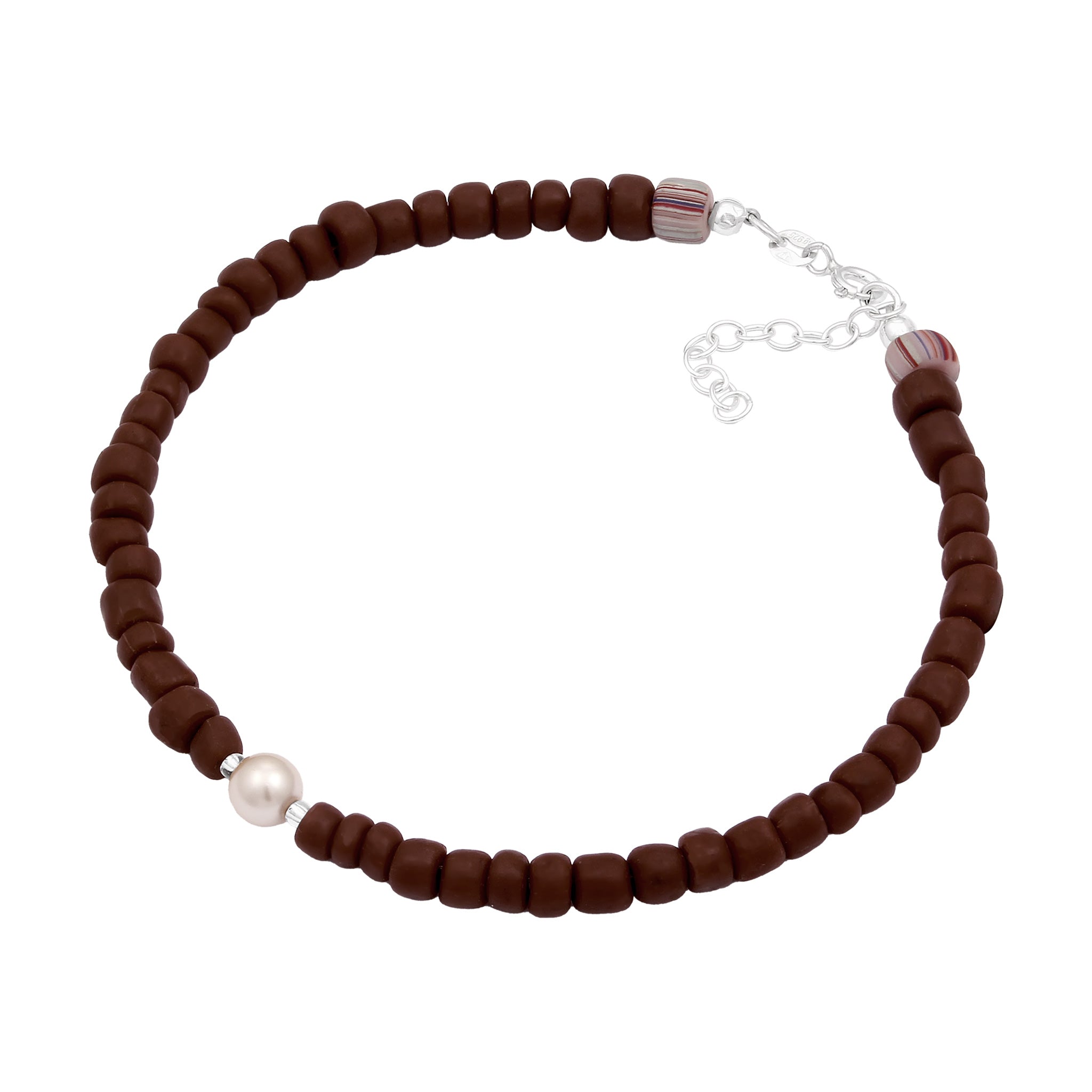 Silver Perhiasan Wanita Perak Asli Gelang Kaki Brown Beads and White Synthetic Pearl