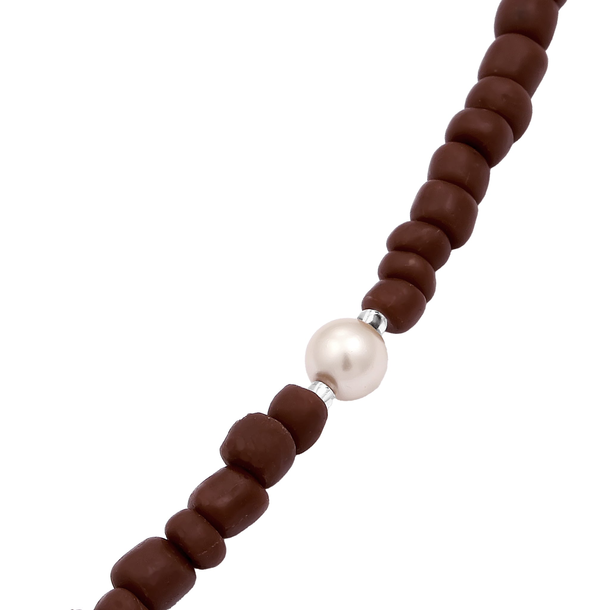 Silver Perhiasan Wanita Perak Asli Gelang Kaki Brown Beads and White Synthetic Pearl