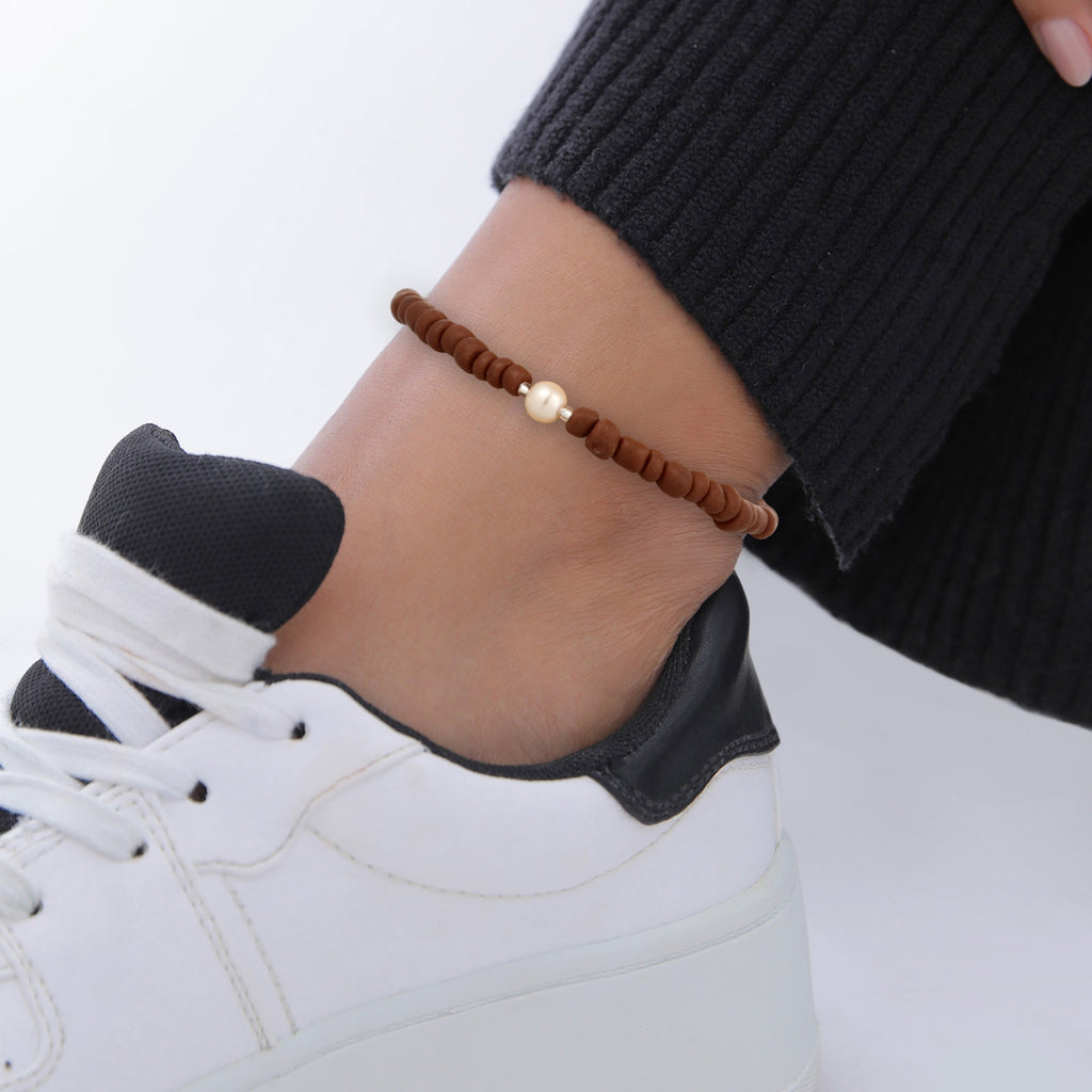 Silver Perhiasan Wanita Perak Asli Gelang Kaki Brown Beads and White Synthetic Pearl