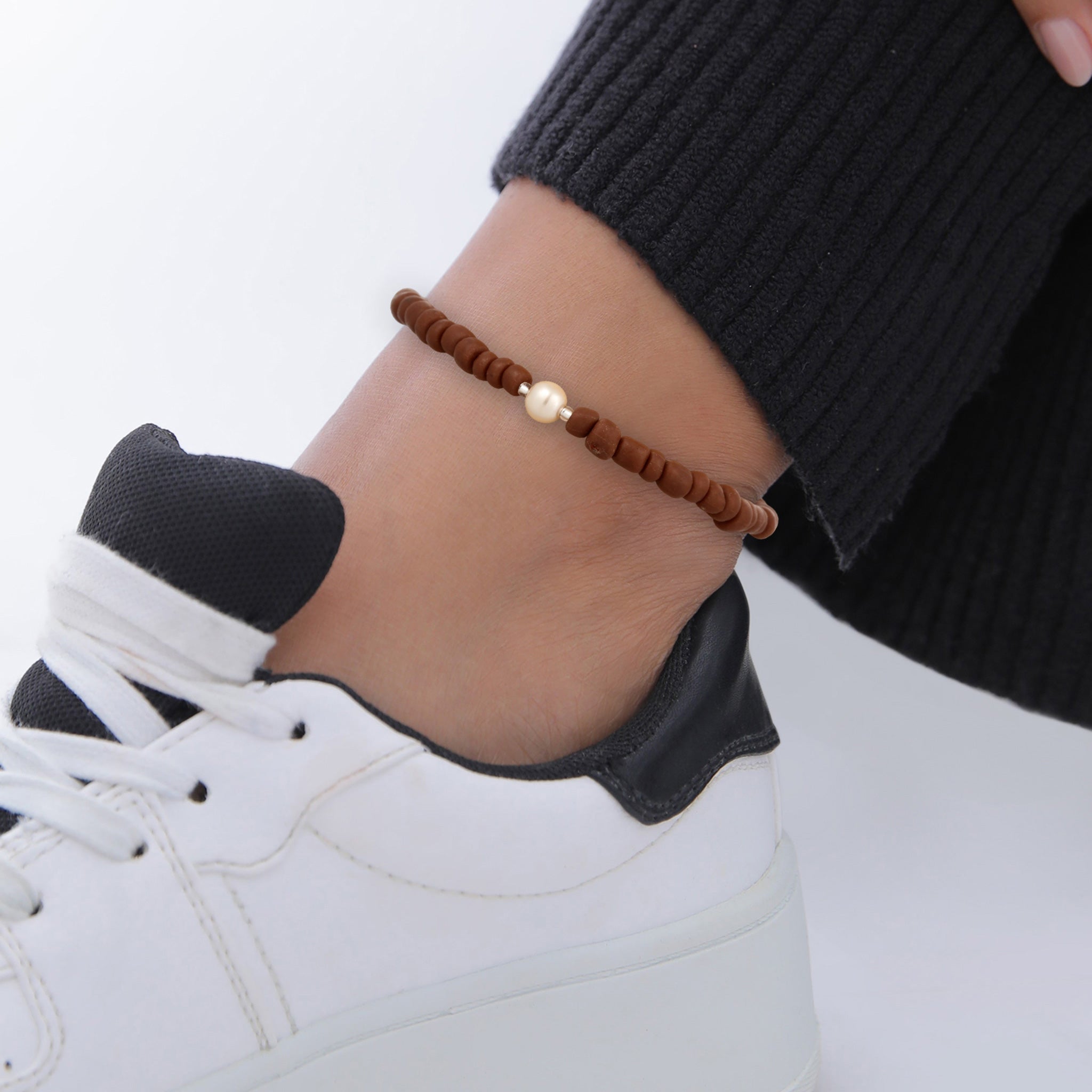 Silver Perhiasan Wanita Perak Asli Gelang Kaki Brown Beads and White Synthetic Pearl