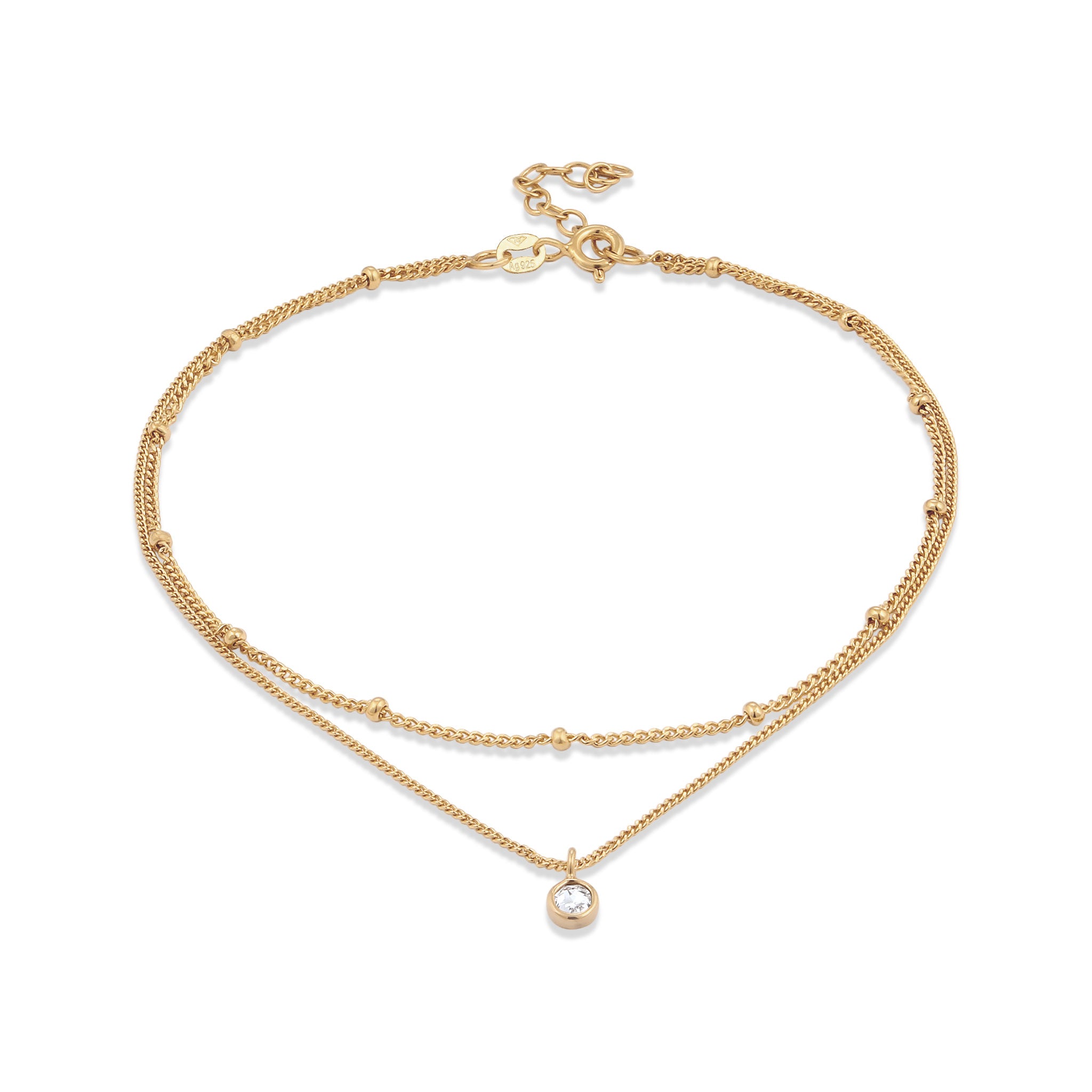 Gold Perhiasan Wanita Perak Asli Lapis Emas Gelang Kaki Ball Layer White Crystals