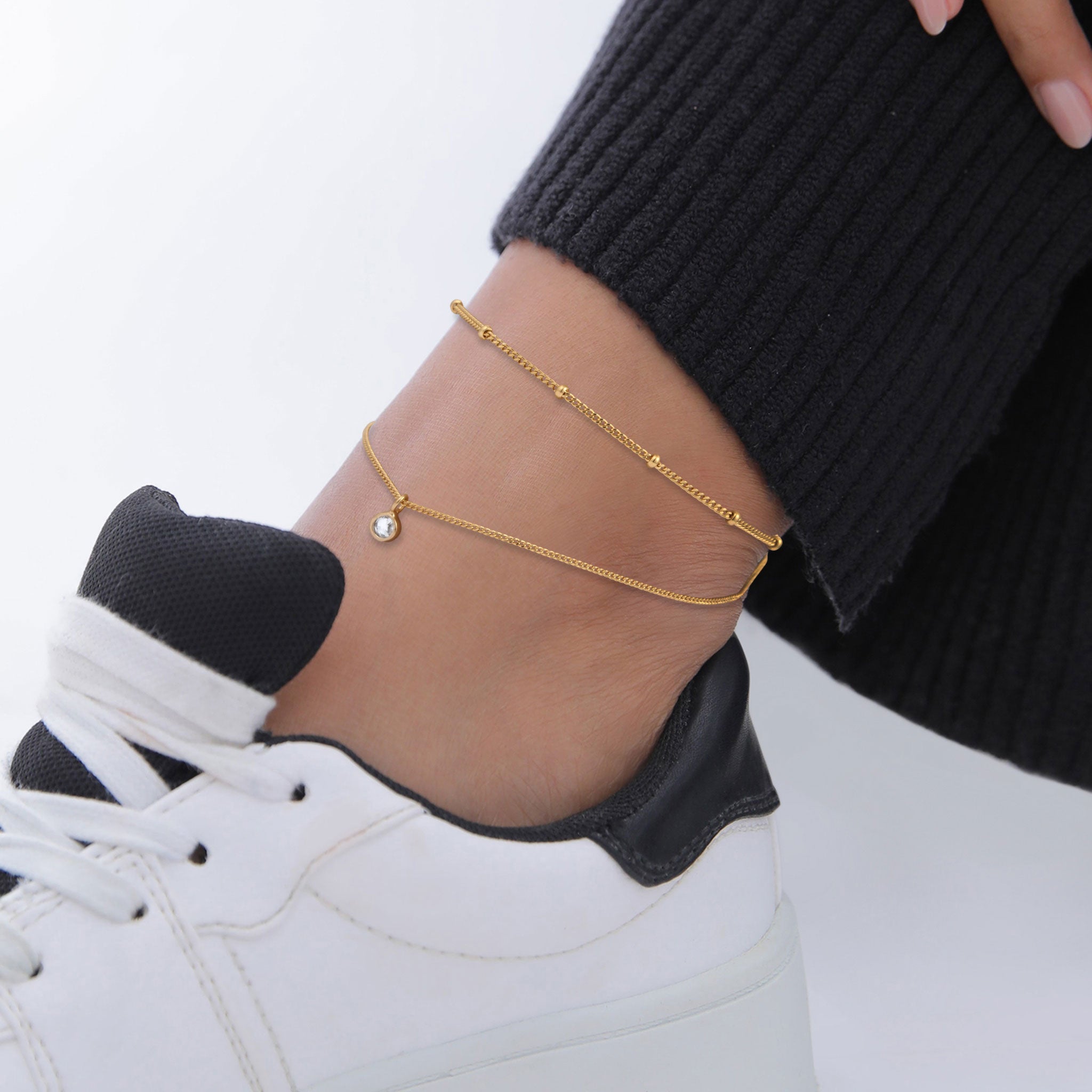 Gold Perhiasan Wanita Perak Asli Lapis Emas Gelang Kaki Ball Layer White Crystals
