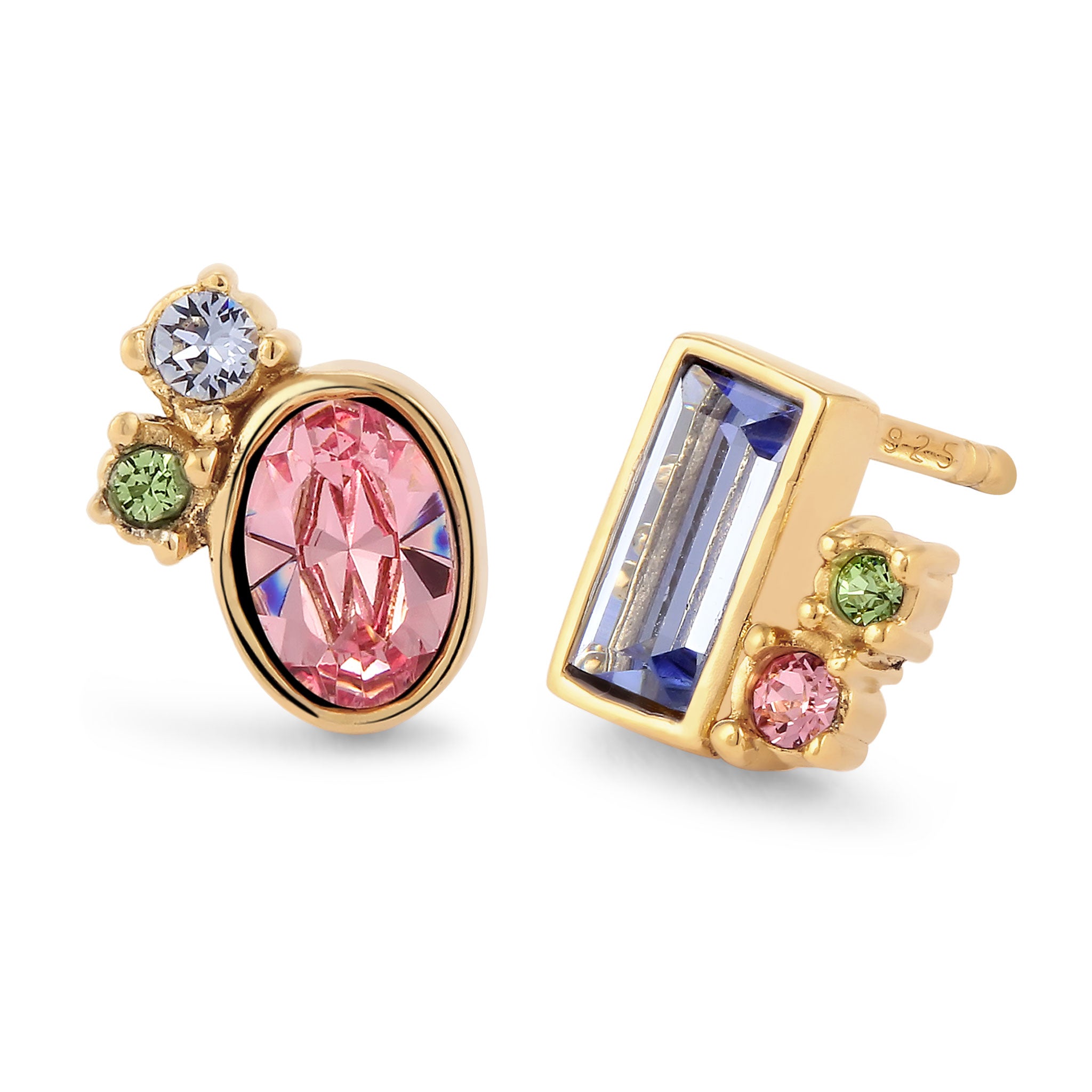 Gold Perhiasan Wanita Perak Asli Lapis Emas Anting Stud Pink Blue Crystals