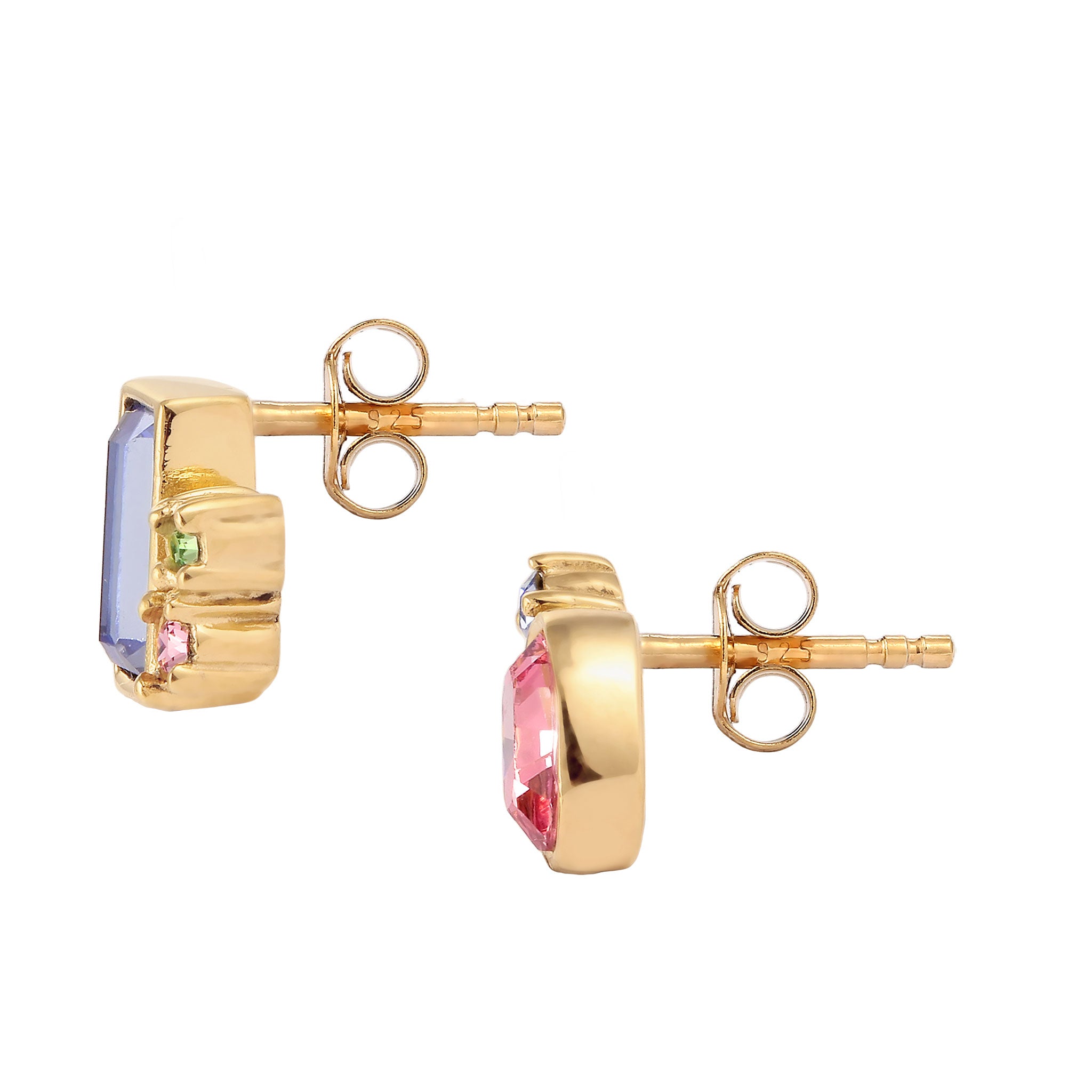 Gold Perhiasan Wanita Perak Asli Lapis Emas Anting Stud Pink Blue Crystals