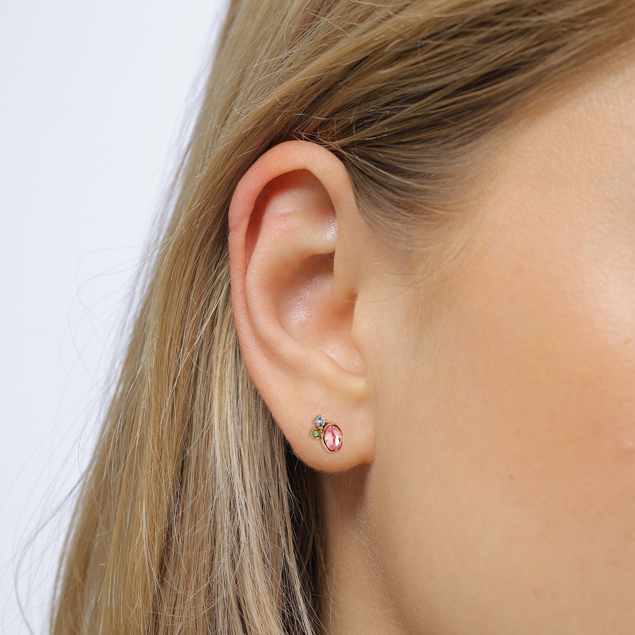 Gold Perhiasan Wanita Perak Asli Lapis Emas Anting Stud Pink Blue Crystals
