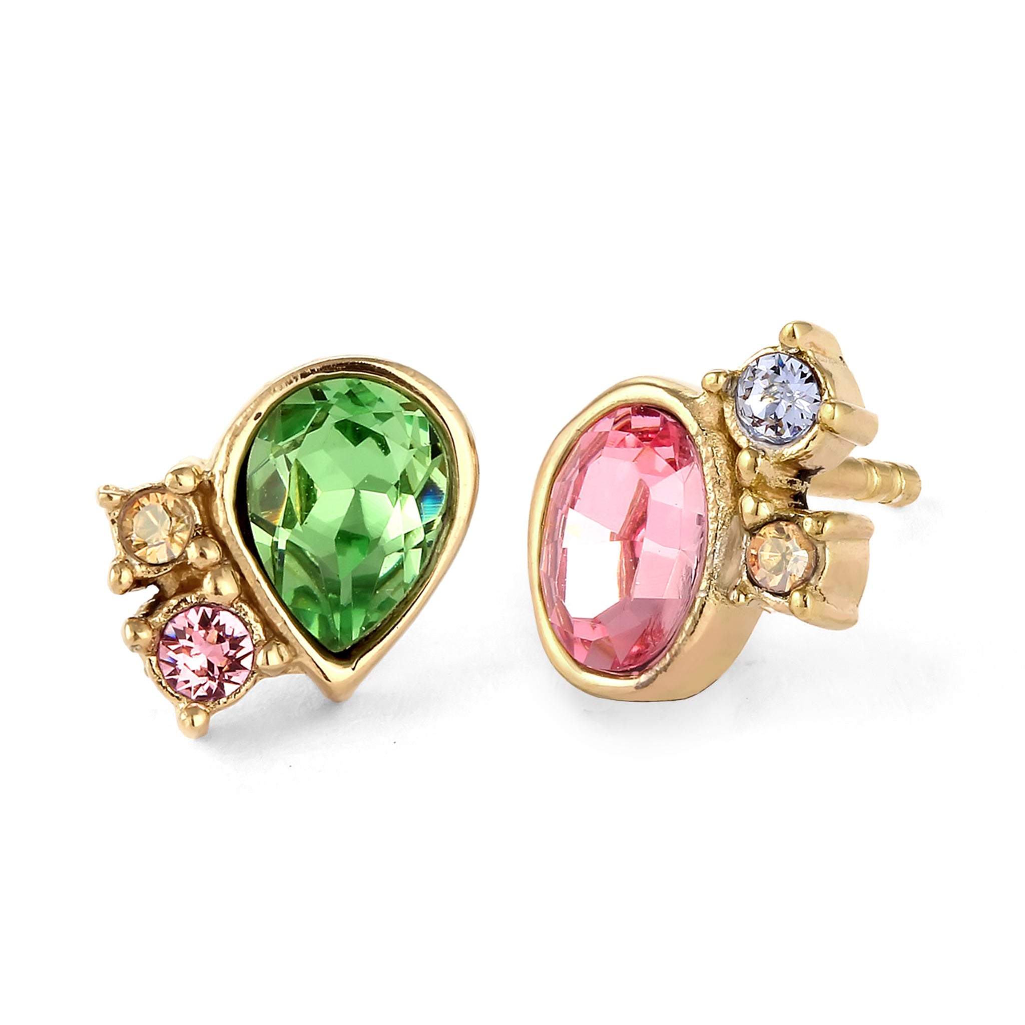 Gold Perhiasan Wanita Perak Asli Lapis Emas Anting Stud Pink Green Crystals