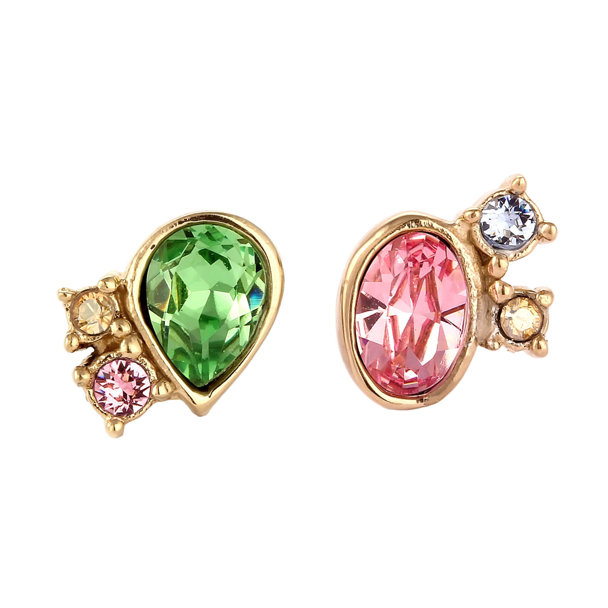Gold Perhiasan Wanita Perak Asli Lapis Emas Anting Stud Pink Green Crystals