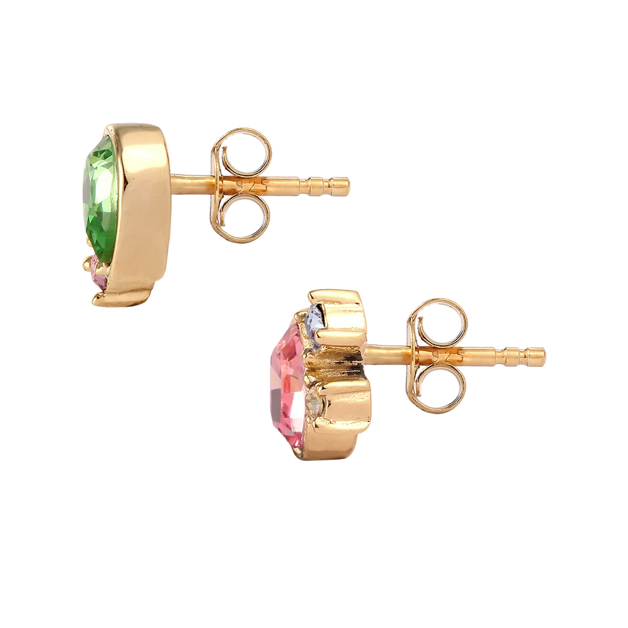Gold Perhiasan Wanita Perak Asli Lapis Emas Anting Stud Pink Green Crystals