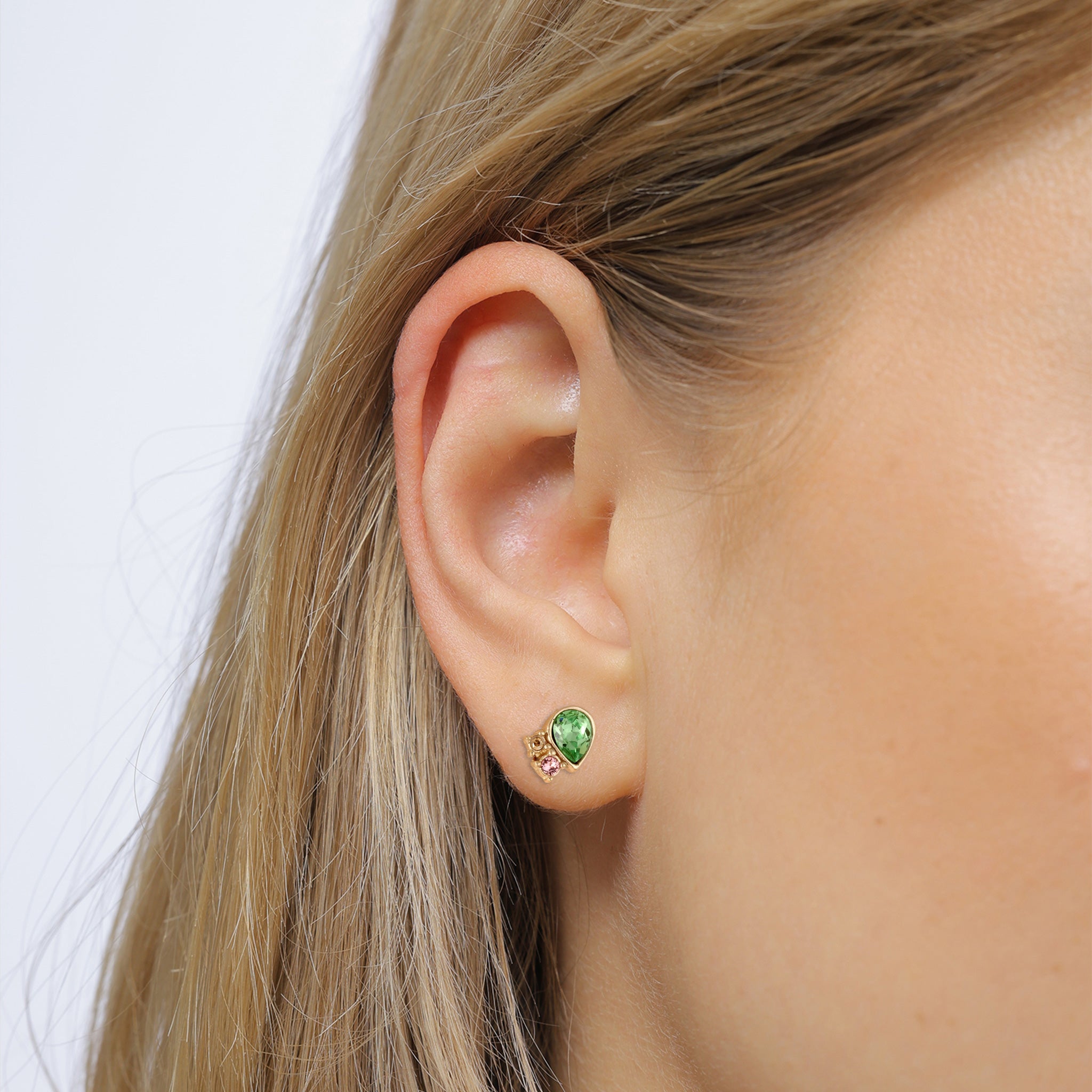 Gold Perhiasan Wanita Perak Asli Lapis Emas Anting Stud Pink Green Crystals
