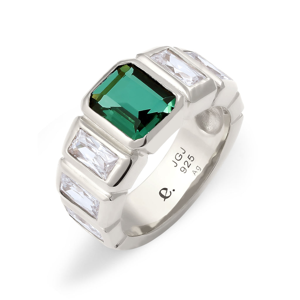 Silver Cincin Perhiasan Perak 925 Wanita Green Rectangle Quartz
