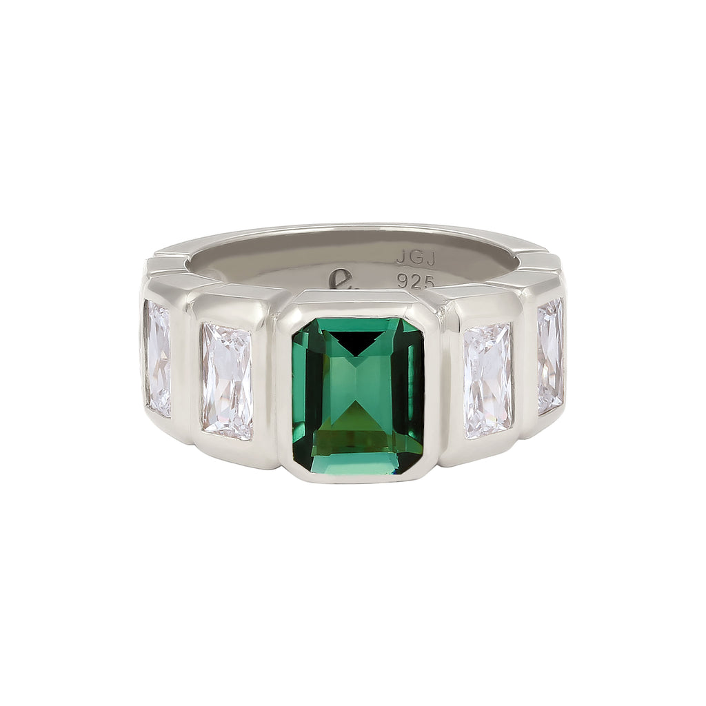 Silver Cincin Perhiasan Perak 925 Wanita Green Rectangle Quartz