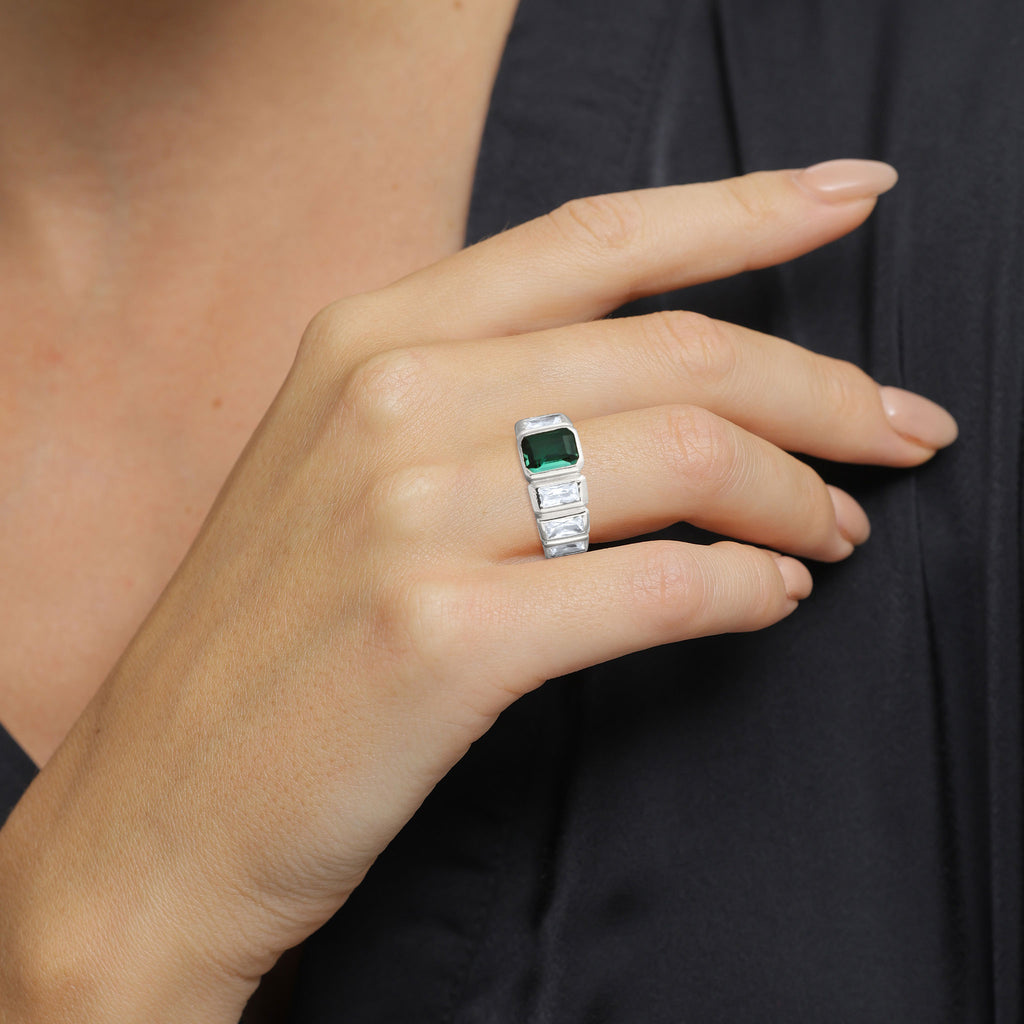 Silver Cincin Perhiasan Perak 925 Wanita Green Rectangle Quartz