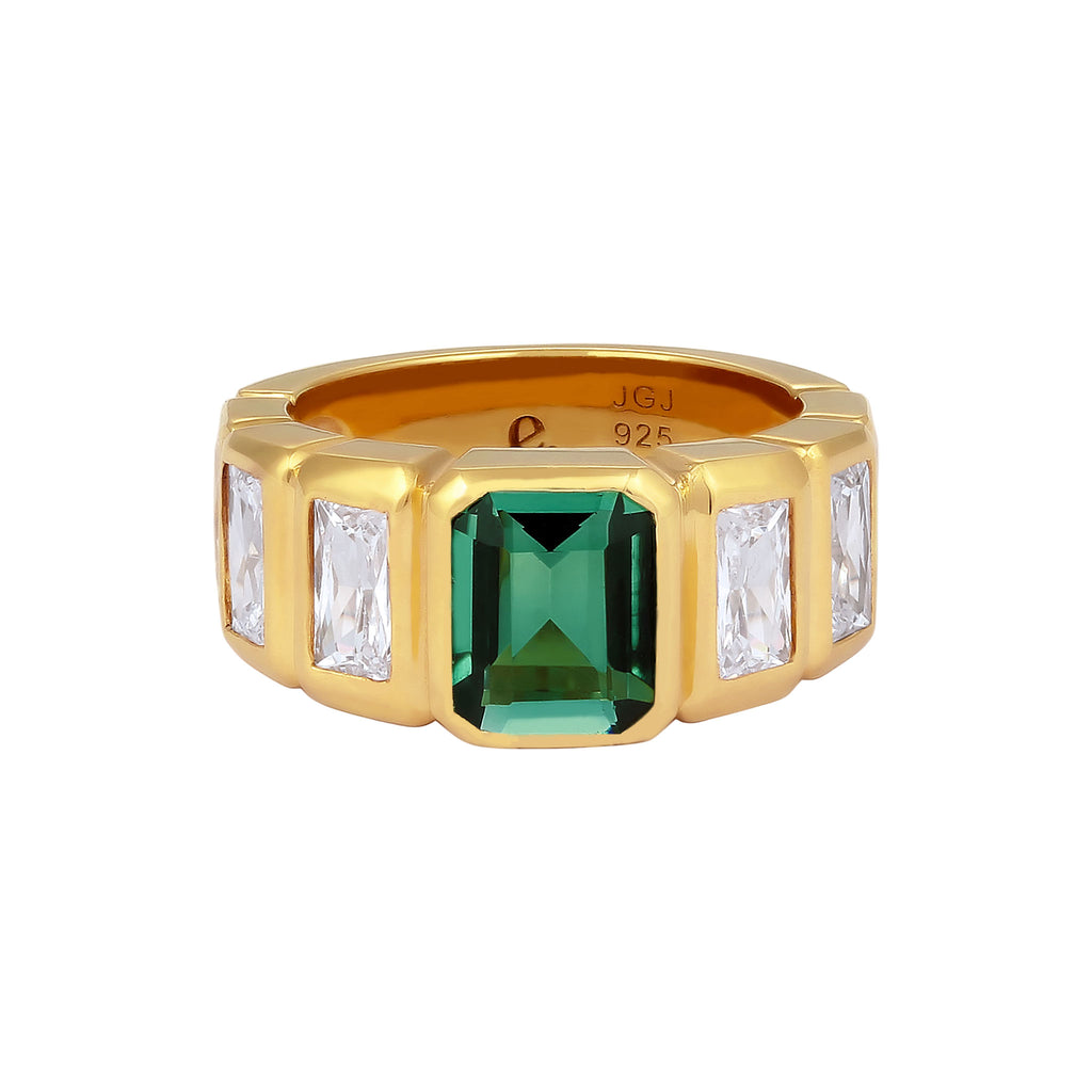 Gold Cincin Perhiasan Perak 925 Wanita Green Rectangle Quartz Gold Plated