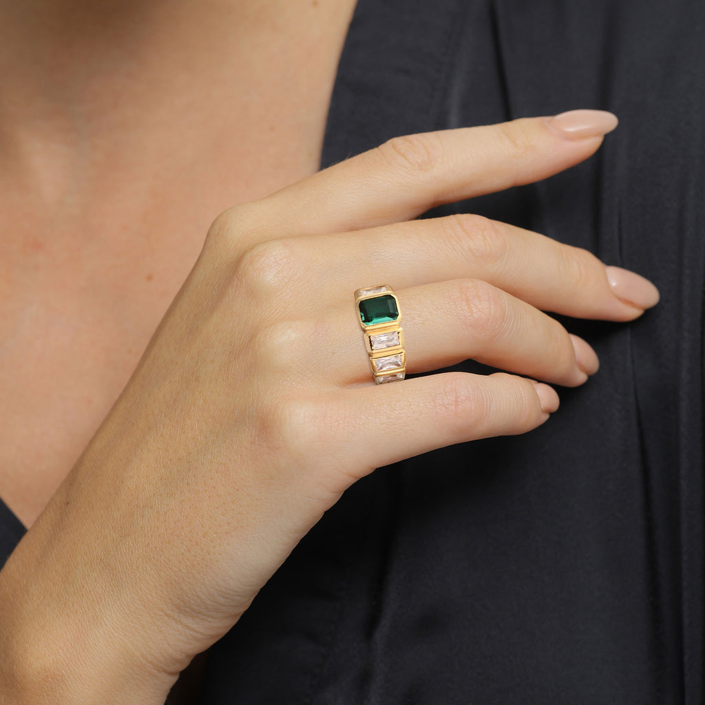 Gold - Elli PREMIUM | Green Quartz Band Ring 925 Silver Gold Plated