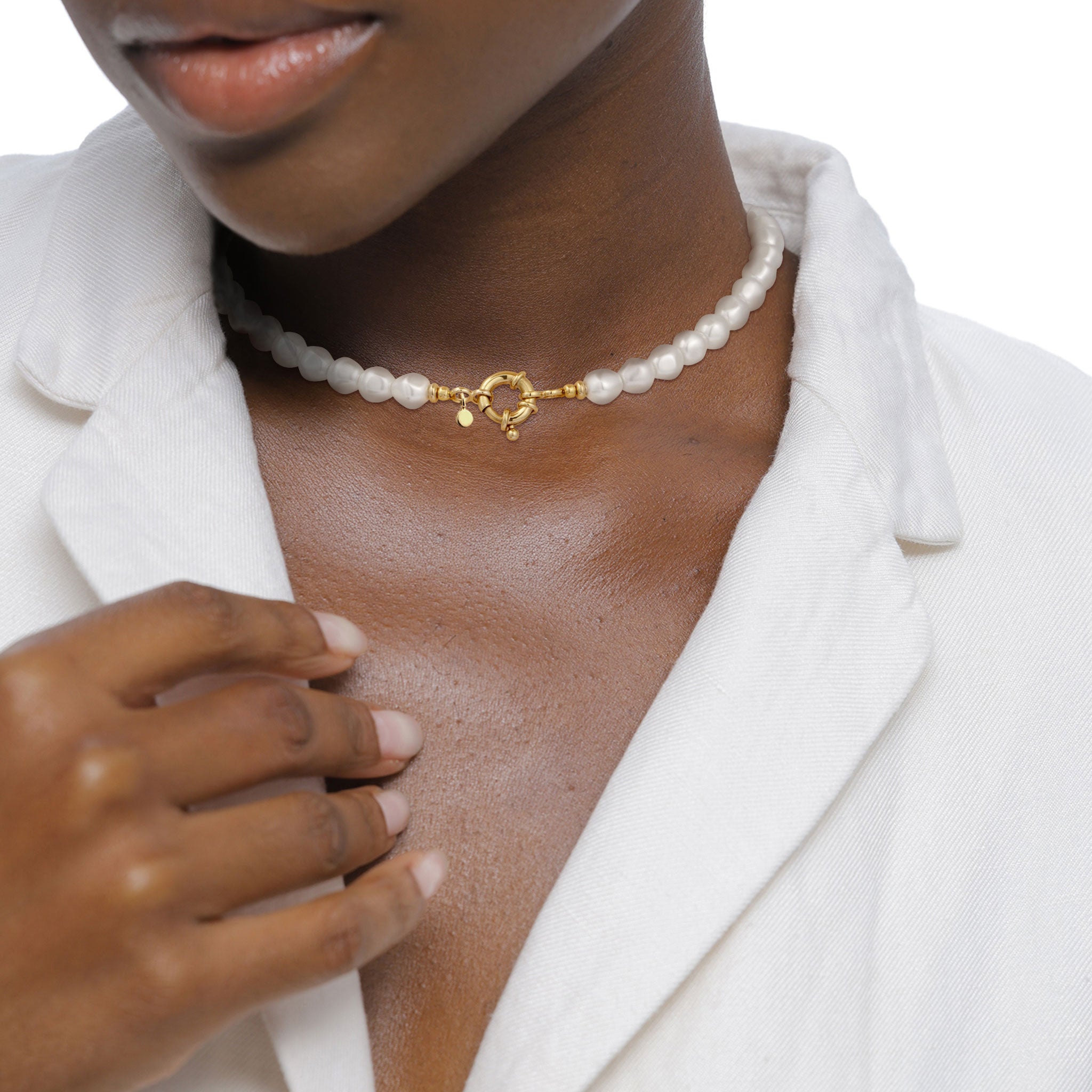 Gold Kalung Perhiasan Perak 925 Wanita Choker Synthetic Pearl Gold Plated