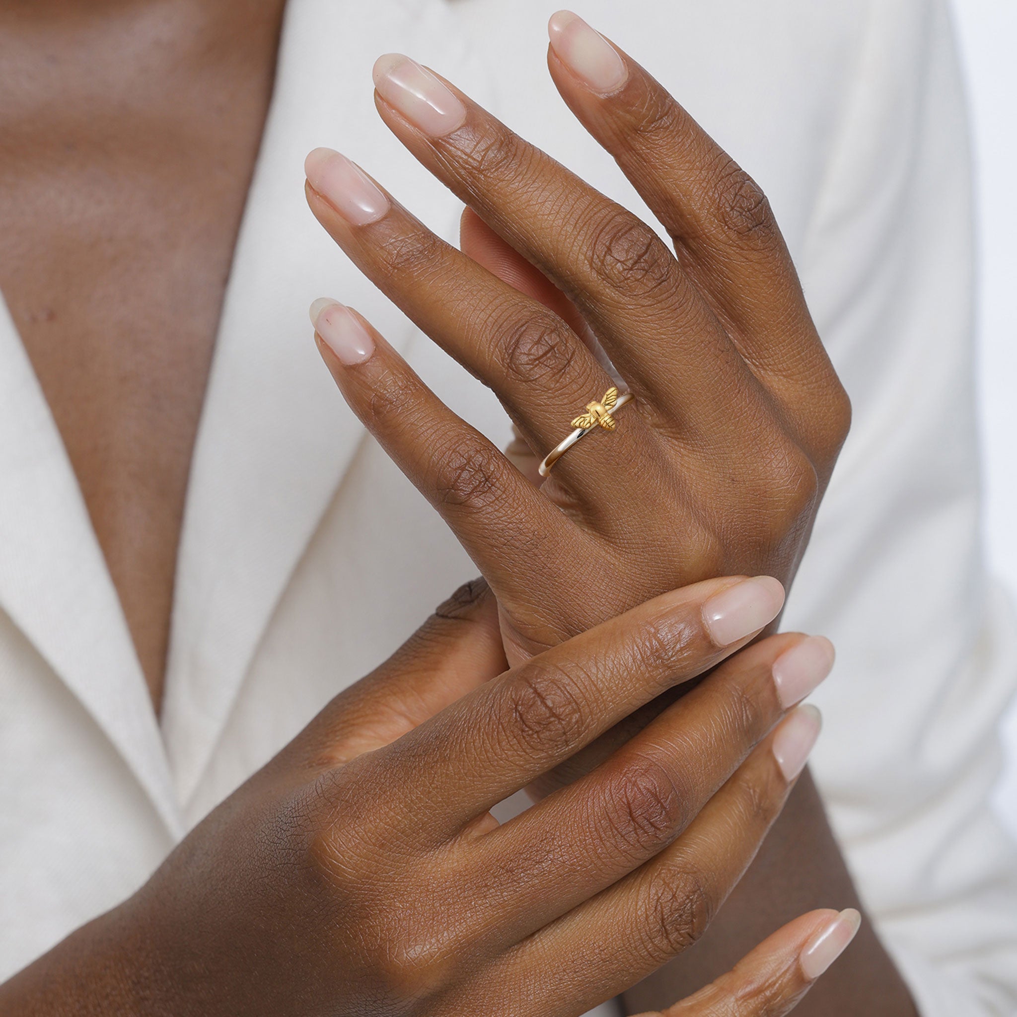 Bicolor Cincin Perhiasan Perak 925 Wanita Bee Gold Plated