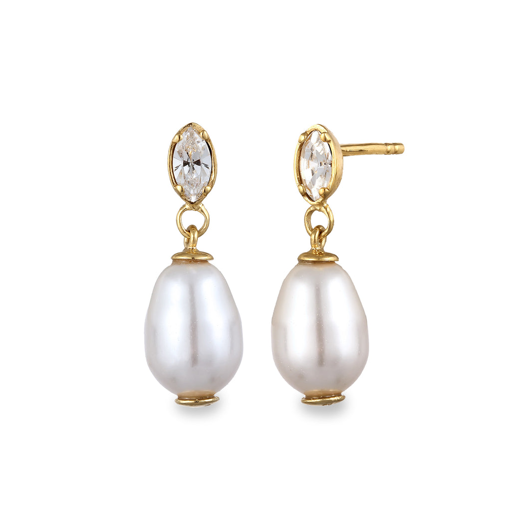 Gold Anting Perhiasan Perak 925 Wanita White Synthetic Pearl and Crystals Gold Plated