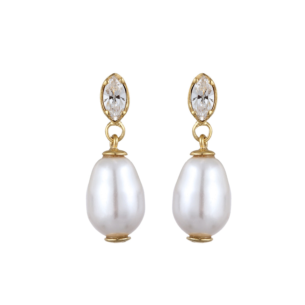 Gold Anting Perhiasan Perak 925 Wanita White Synthetic Pearl and Crystals Gold Plated