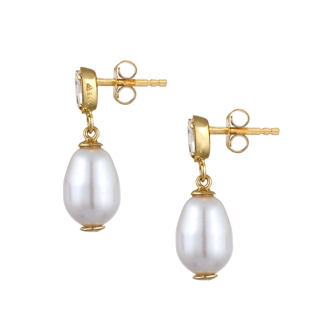 Gold Anting Perhiasan Perak 925 Wanita White Synthetic Pearl and Crystals Gold Plated