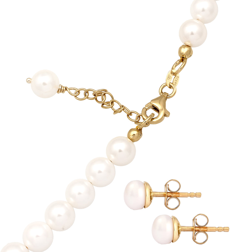 White Set Perhiasan Perak 925 Wanita White Freshwater Pearls Gold Plated