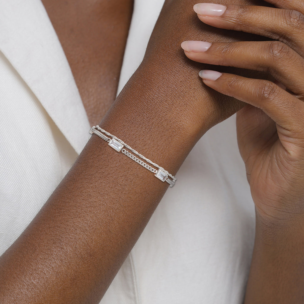 Silver Gelang Perhiasan Perak 925 Wanita Rectangle White Topaz