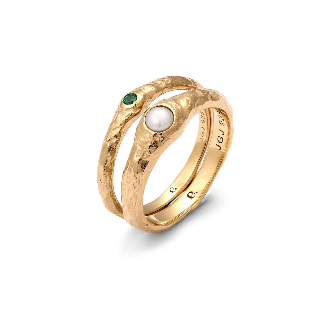 Emerald and Pearl Ring Set 925 Silver Gold Plated