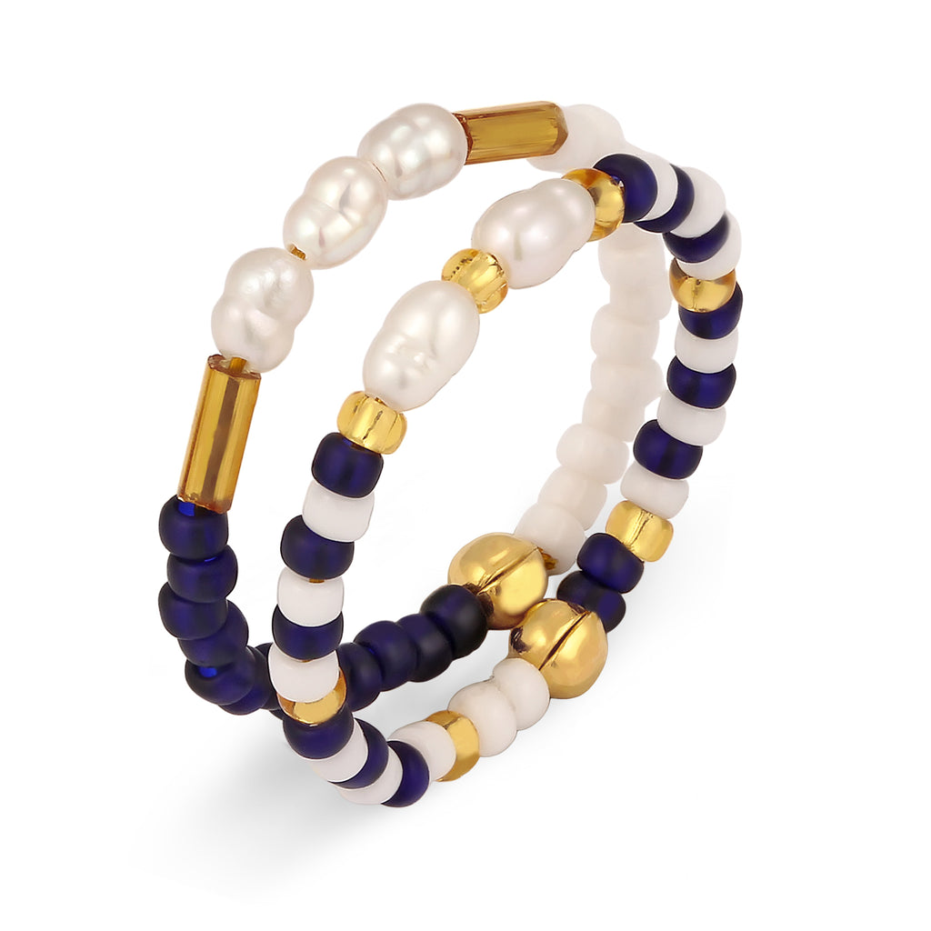 Colored Cincin Perhiasan Perak 925 Wanita Freshwater Pearls and Multicolor Beads Gold Plated