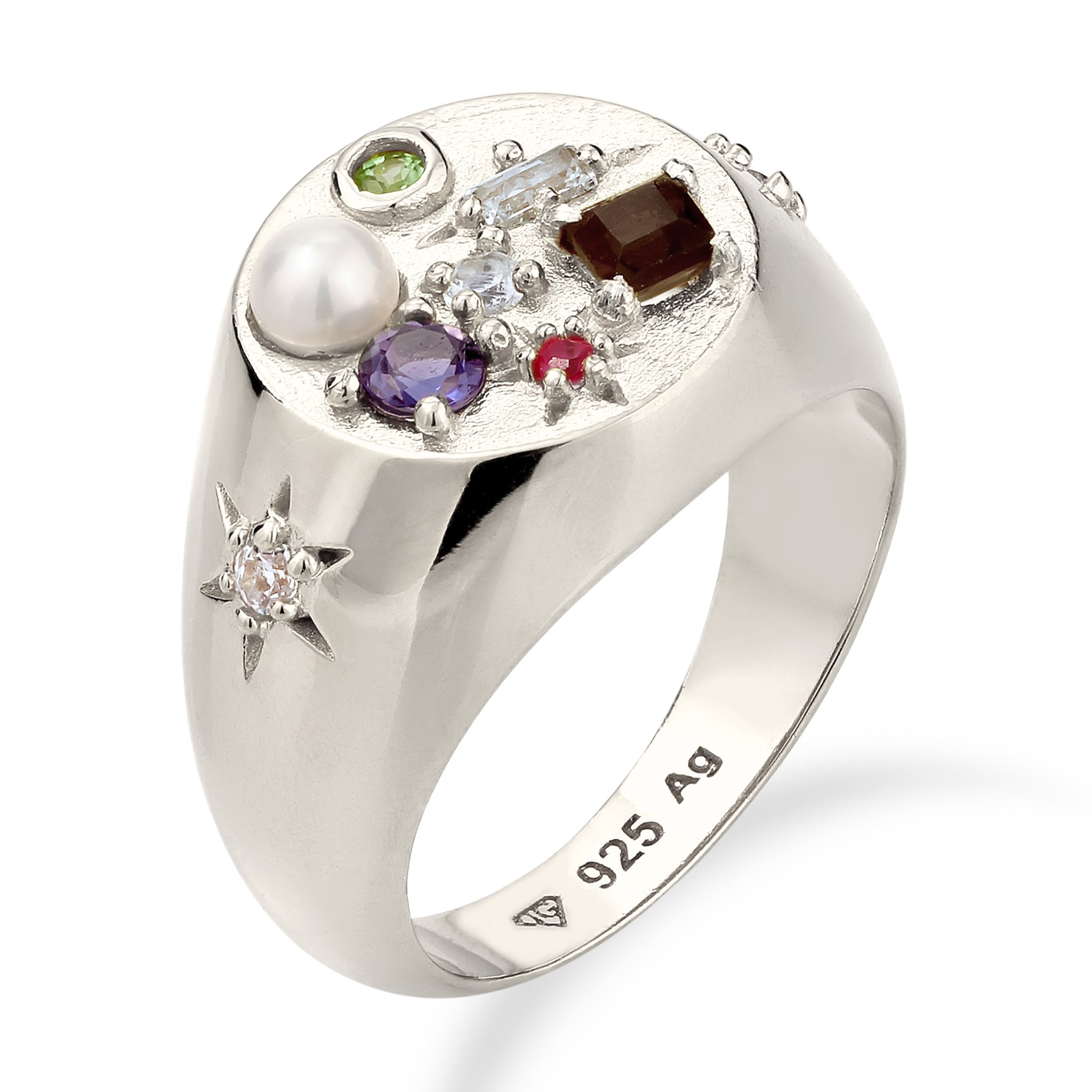 Silver Cincin Perhiasan Perak 925 Wanita Signet Sapphire Quartz Moonstone Pearl