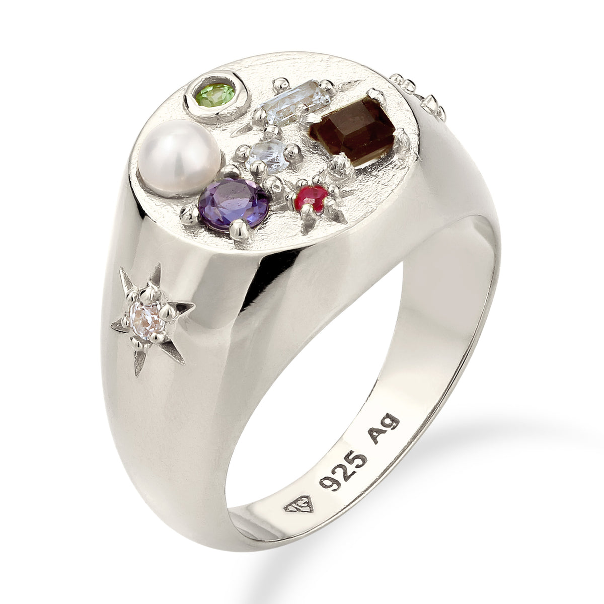 Ring Signet Sapphire Moon Rainbow 925 Sterling Silver