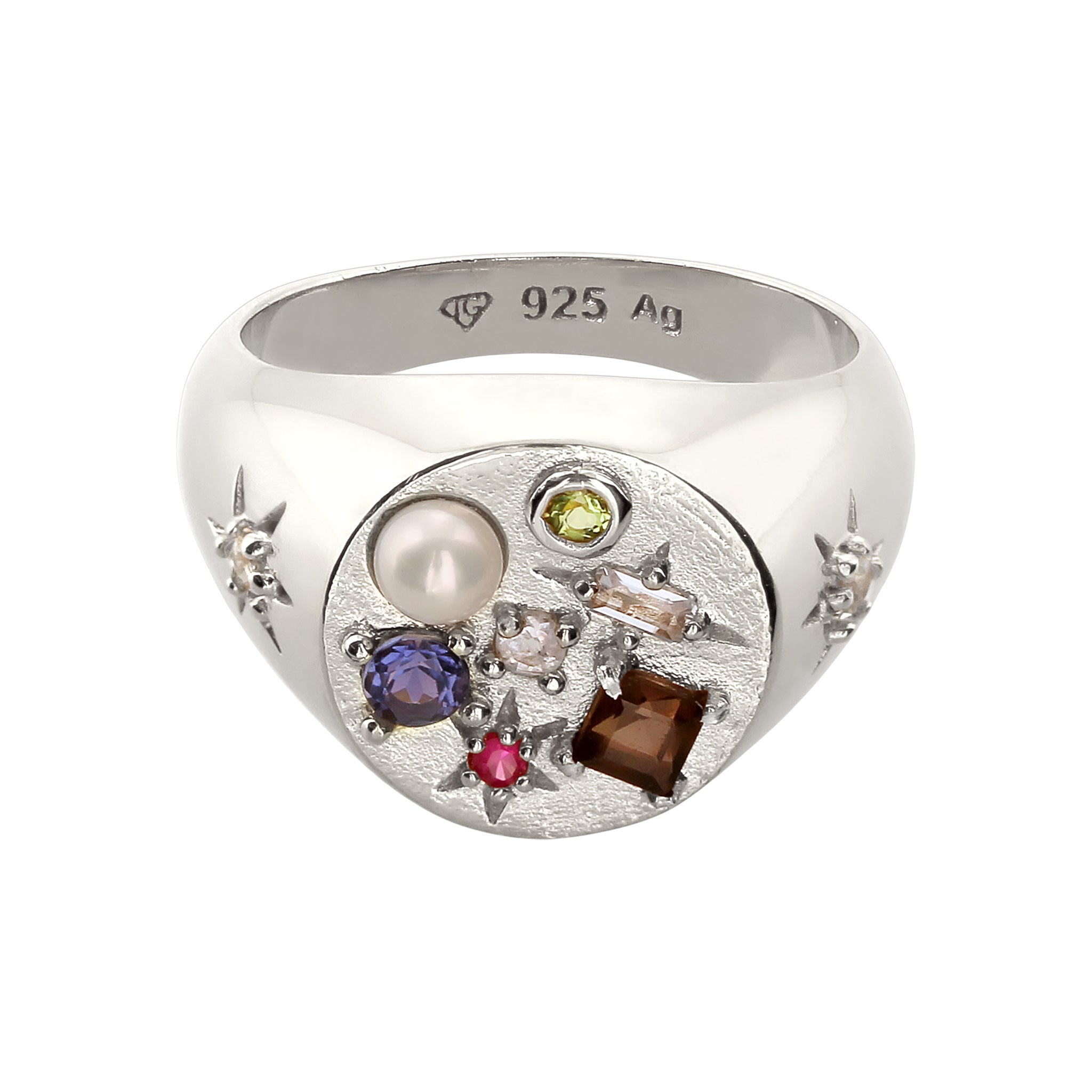 Silver Cincin Perhiasan Perak 925 Wanita Signet Sapphire Quartz Moonstone Pearl