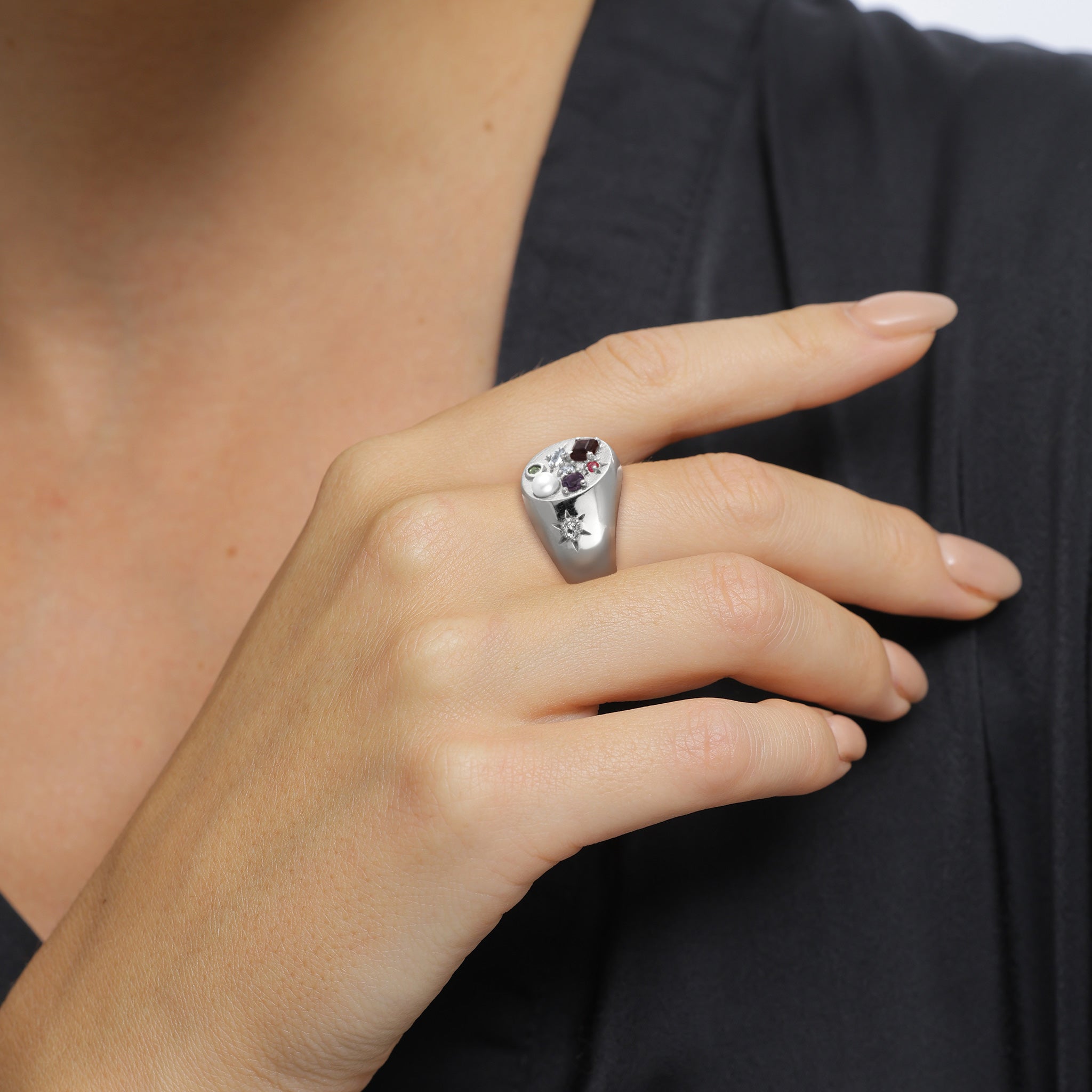 Silver Cincin Perhiasan Perak 925 Wanita Signet Sapphire Quartz Moonstone Pearl