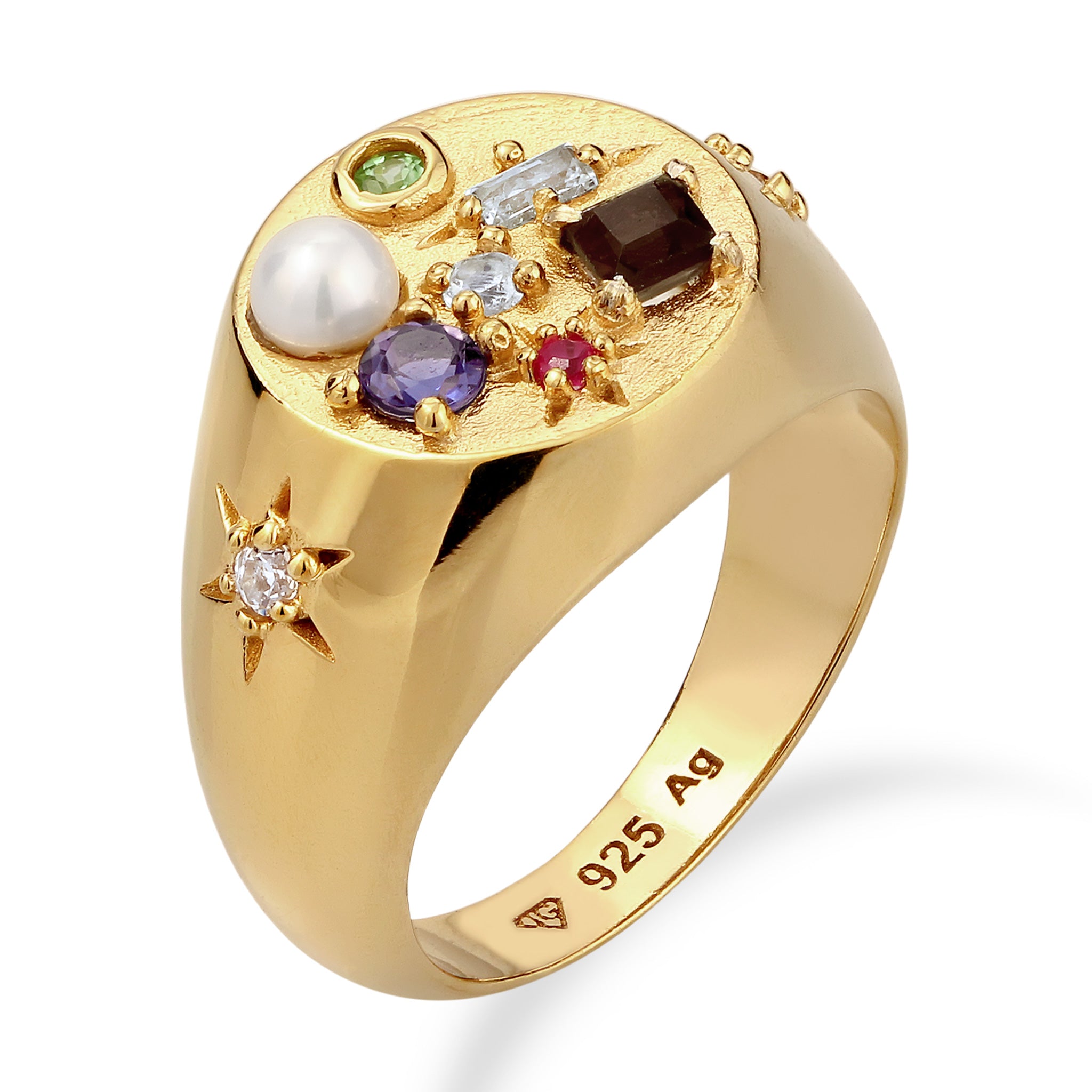 Gold Cincin Perhiasan Perak 925 Wanita Signet Sapphire Quartz Moonstone Pearl Gold Plated