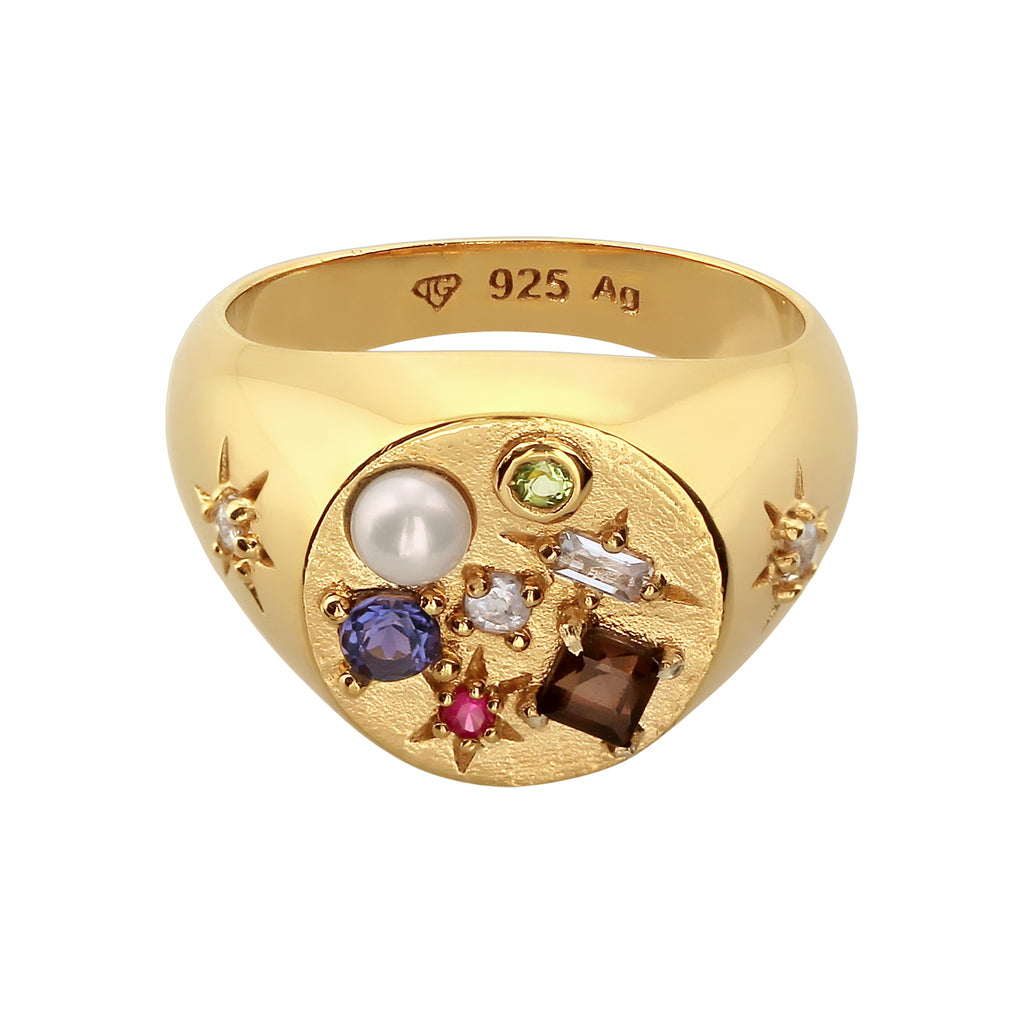 Gold Cincin Perhiasan Perak 925 Wanita Signet Sapphire Quartz Moonstone Pearl Gold Plated