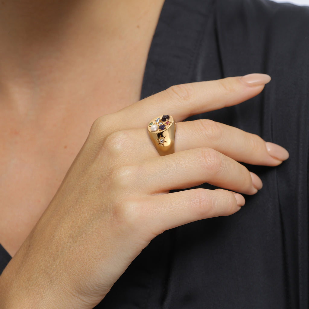 Gold - Elli PREMIUM | Ring Signet Sapphire Moon Rainbow 925 Sterling Silver Gold Plated