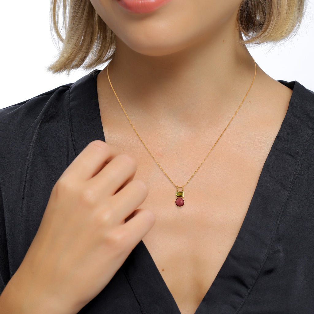 Gold - Elli PREMIUM | Stacked Gemstone Necklace 925 Silver Gold Plated Red Agate Green Peridot