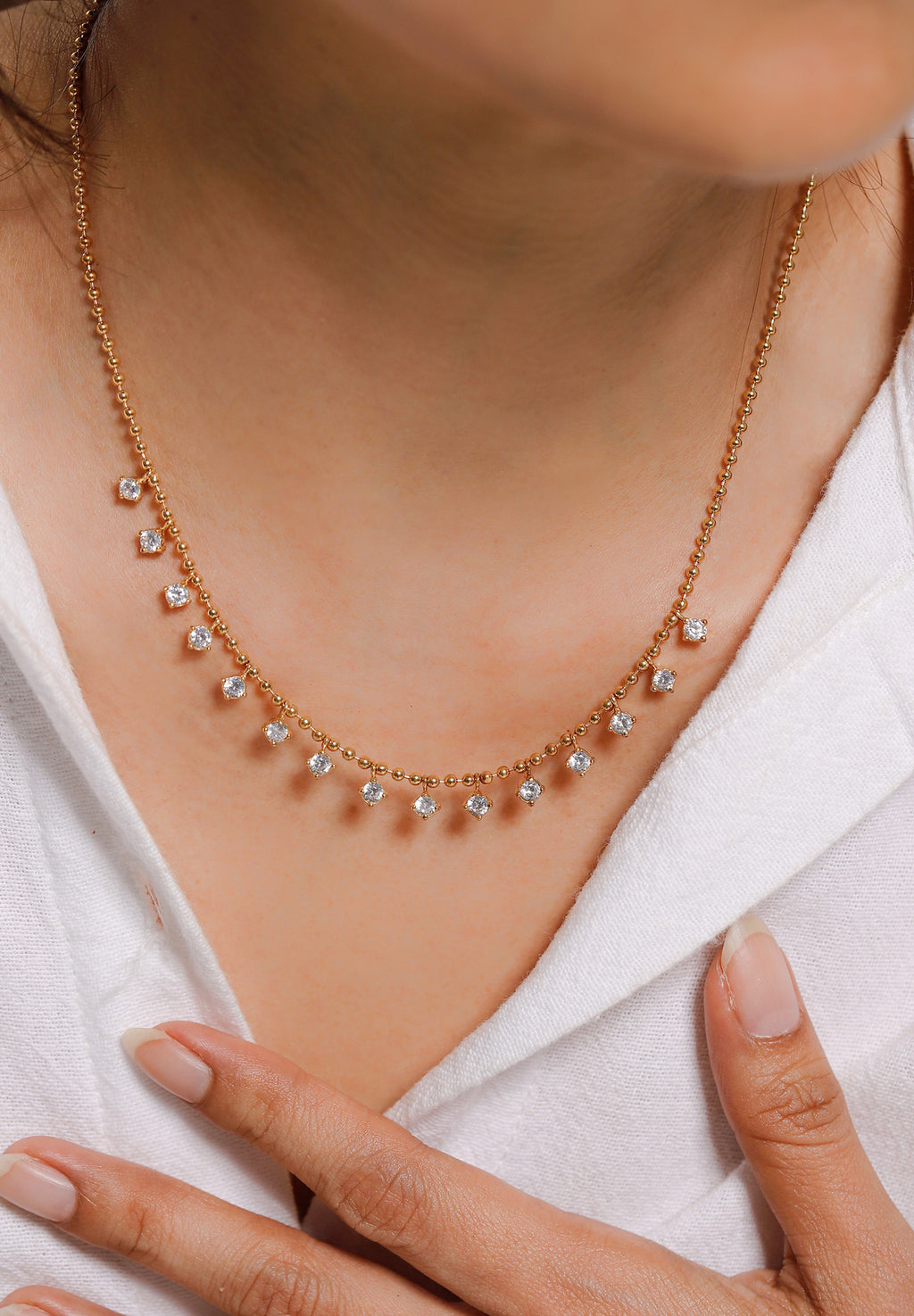 Ball Chain Drop Necklace 925 Silver Gold Plated Zirconia