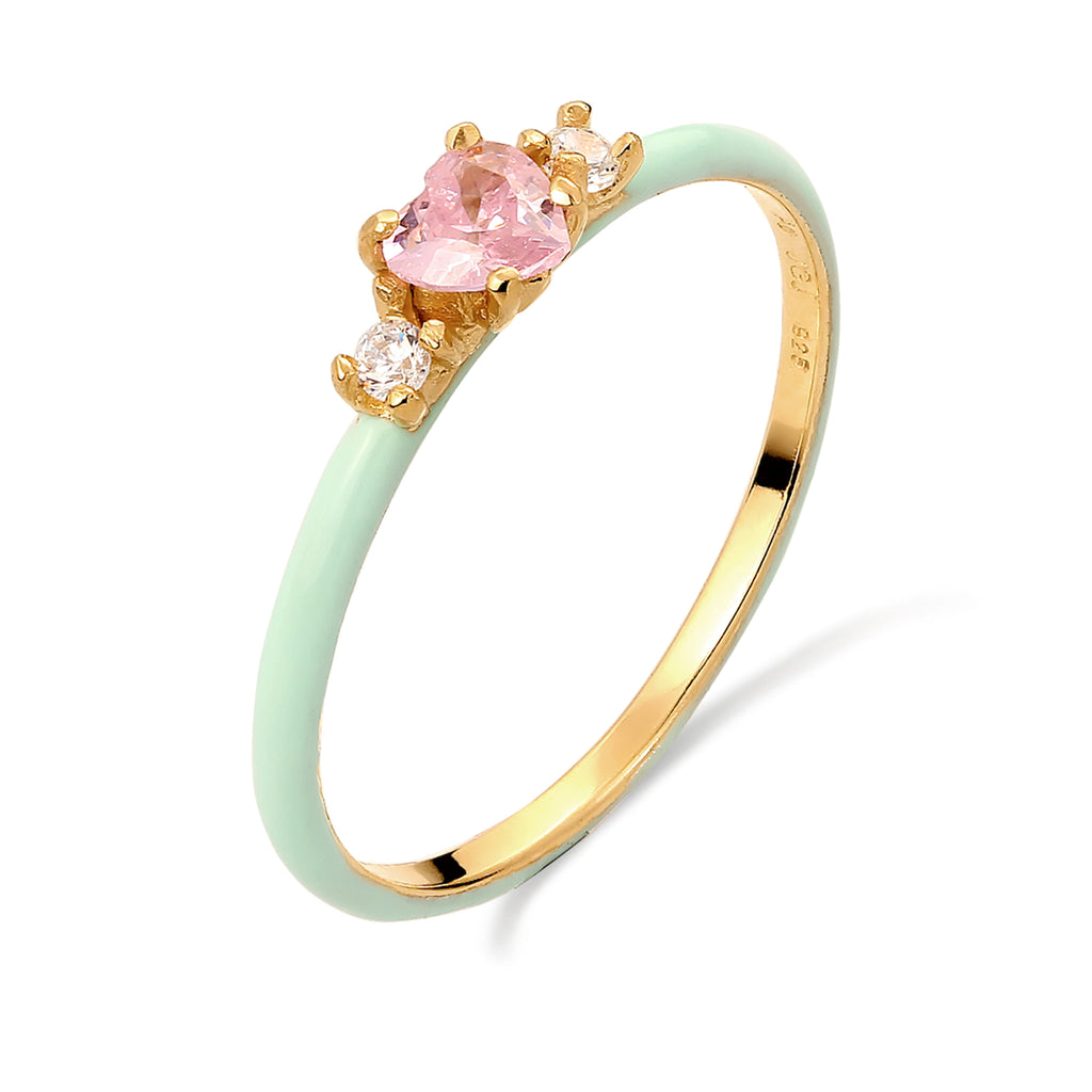 Gold Cincin Perhiasan Perak 925 Wanita Heart Zirconia Pink with Enamel Gold Plated
