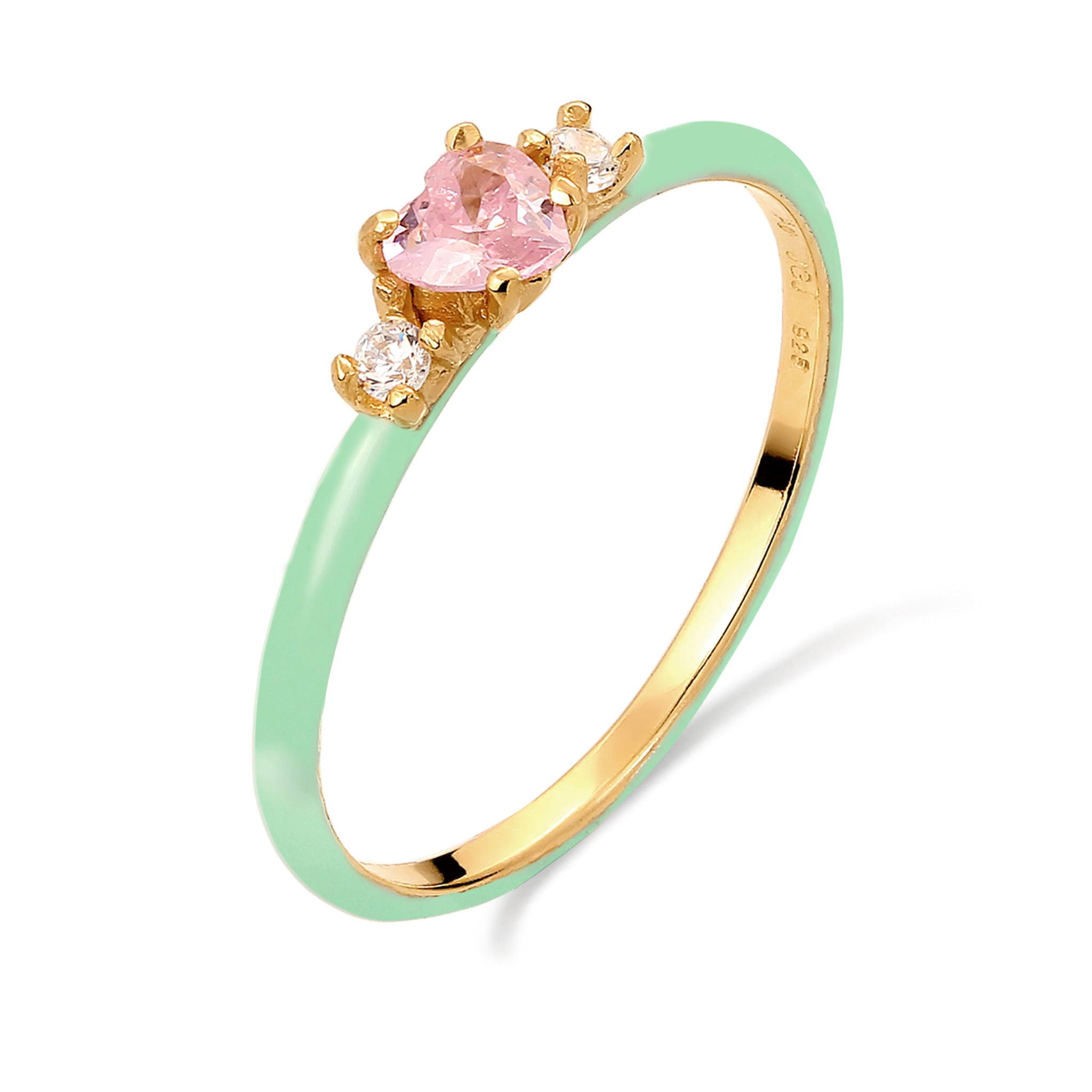 Gold Cincin Perhiasan Perak 925 Wanita Heart Zirconia Pink with Enamel Gold Plated