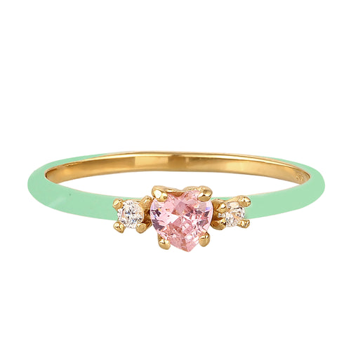 Gold Cincin Perhiasan Perak 925 Wanita Heart Zirconia Pink with Enamel Gold Plated