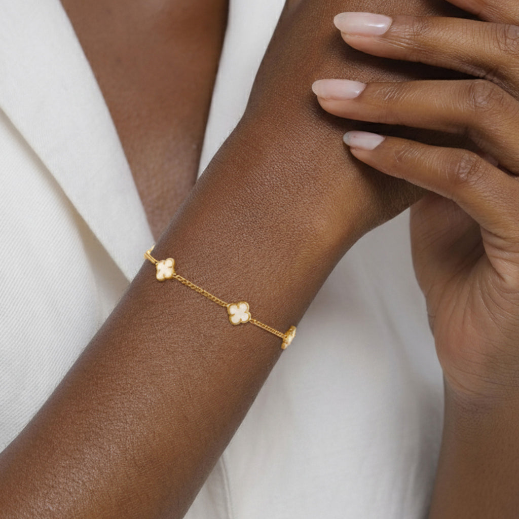 Gold Gelang Perhiasan Perak 925 Wanita Cloverleaf Enamel White Gold Plated